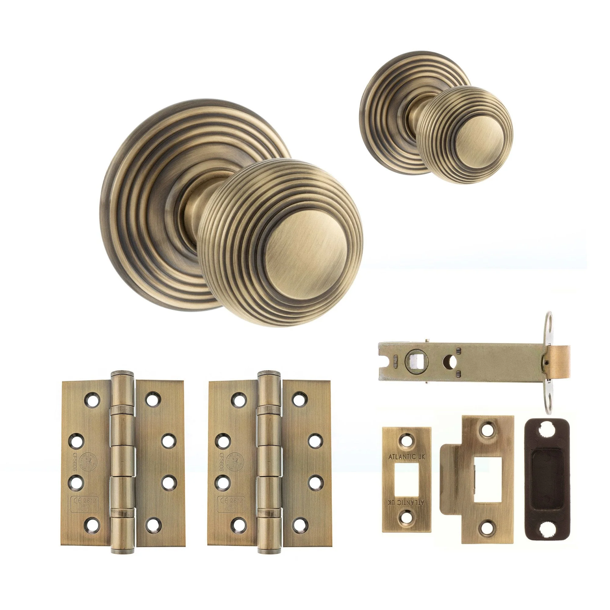 Ripon Round Reeded Mortice CE13 Fire Door Knob Set - Antique Brass