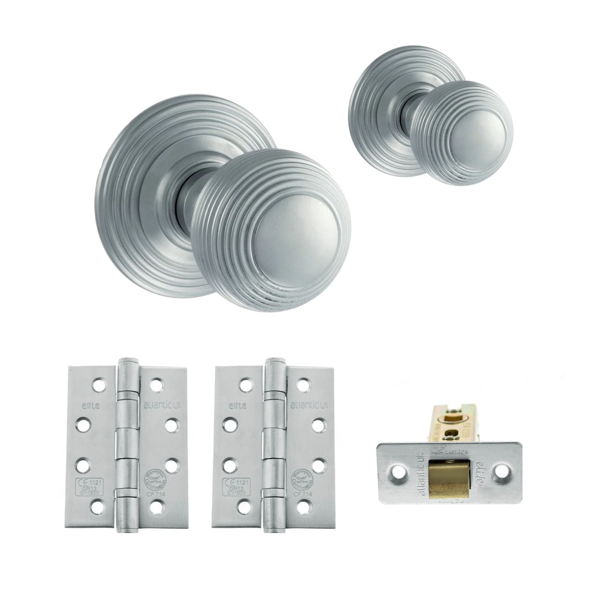 Ripon Round Reeded Mortice CE13 Fire Door Knob Set - Satin Chrome