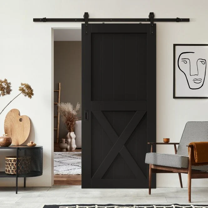 Black Internal Primed 1 Panel X Brace Sliding Barn Door - Black Face Mounted