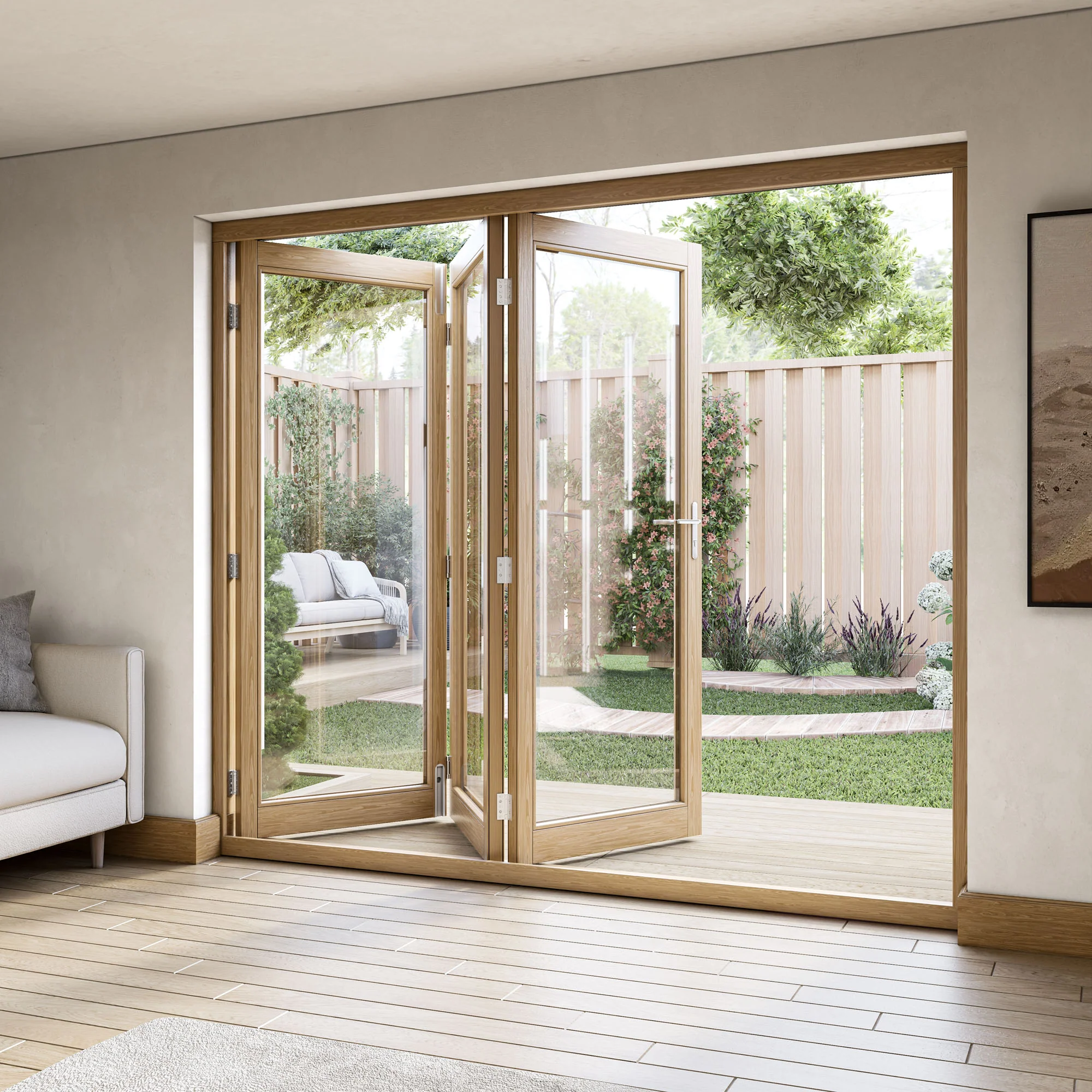Oak External Fully Finished External Folding Patio Door Set 3+0 - Image 10