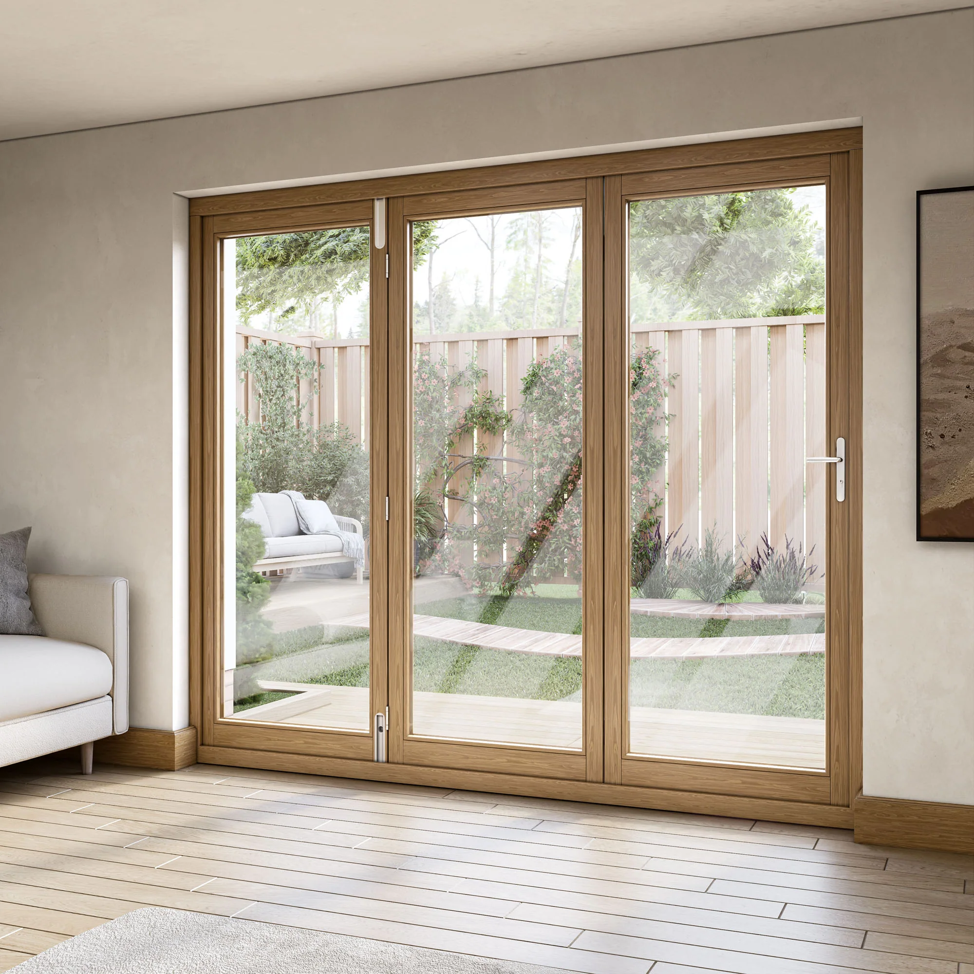Oak External Fully Finished External Folding Patio Door Set 3+0 - Image 12