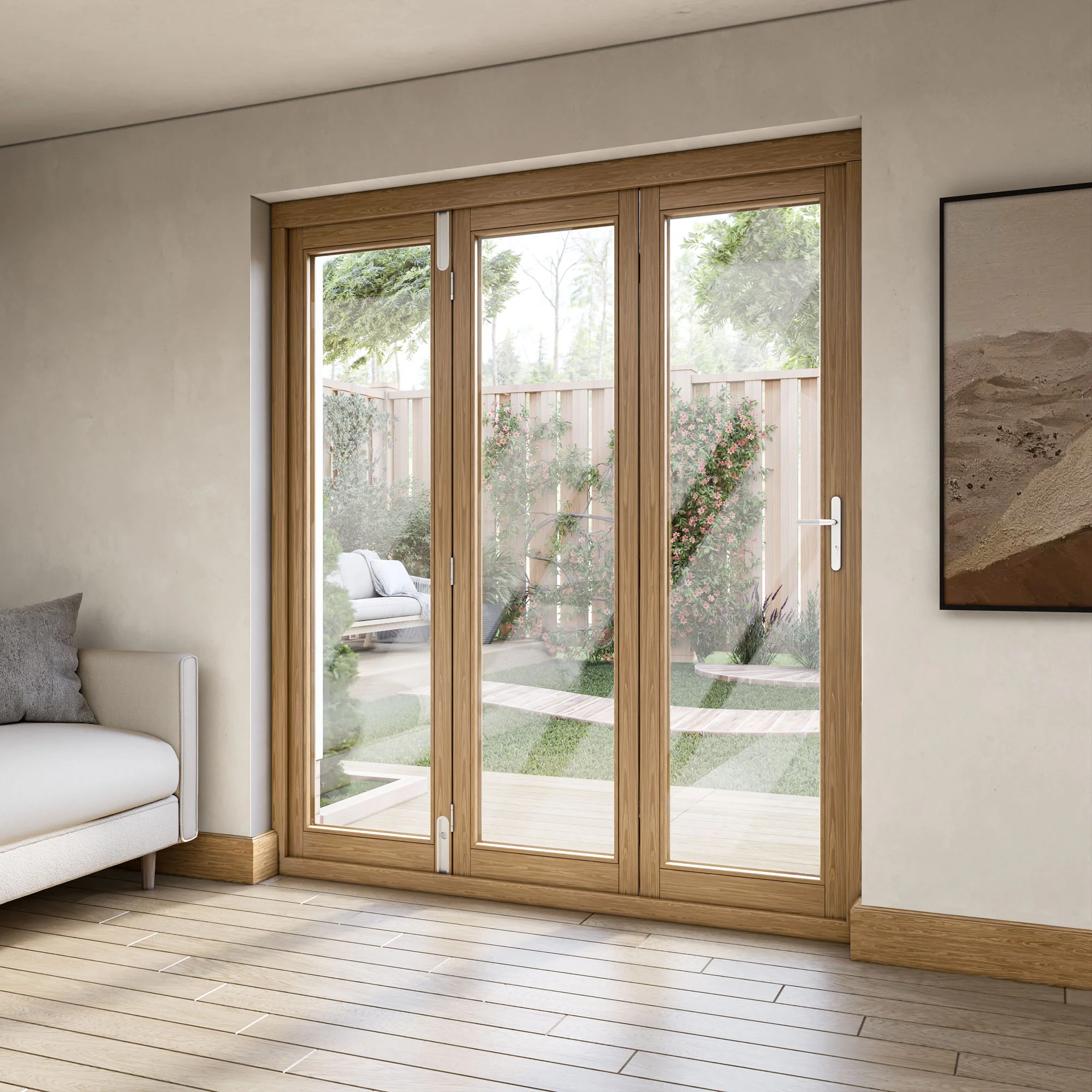 Oak External Fully Finished External Folding Patio Door Set 3+0 - Image 8