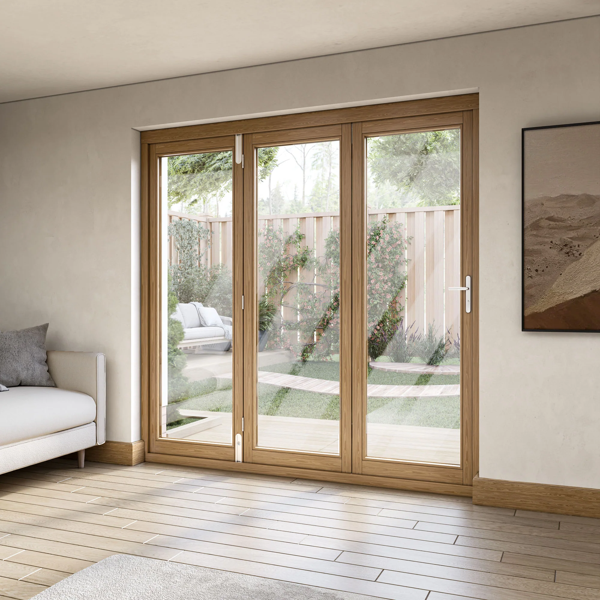 Oak External Fully Finished External Folding Patio Door Set 3+0 - Image 9