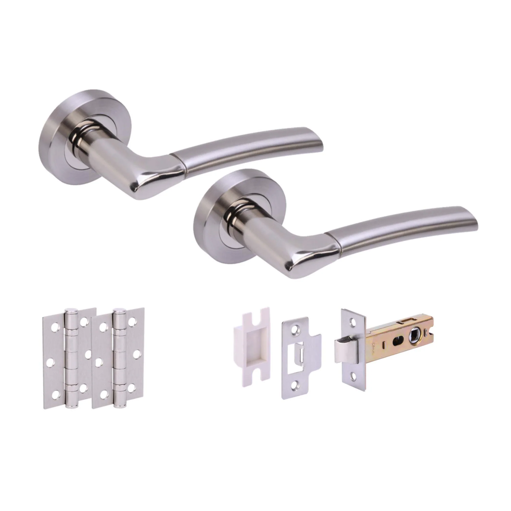 Designer Zoom Lever On Round Rose Handle Set - Polished Chrome and Satin Nickel