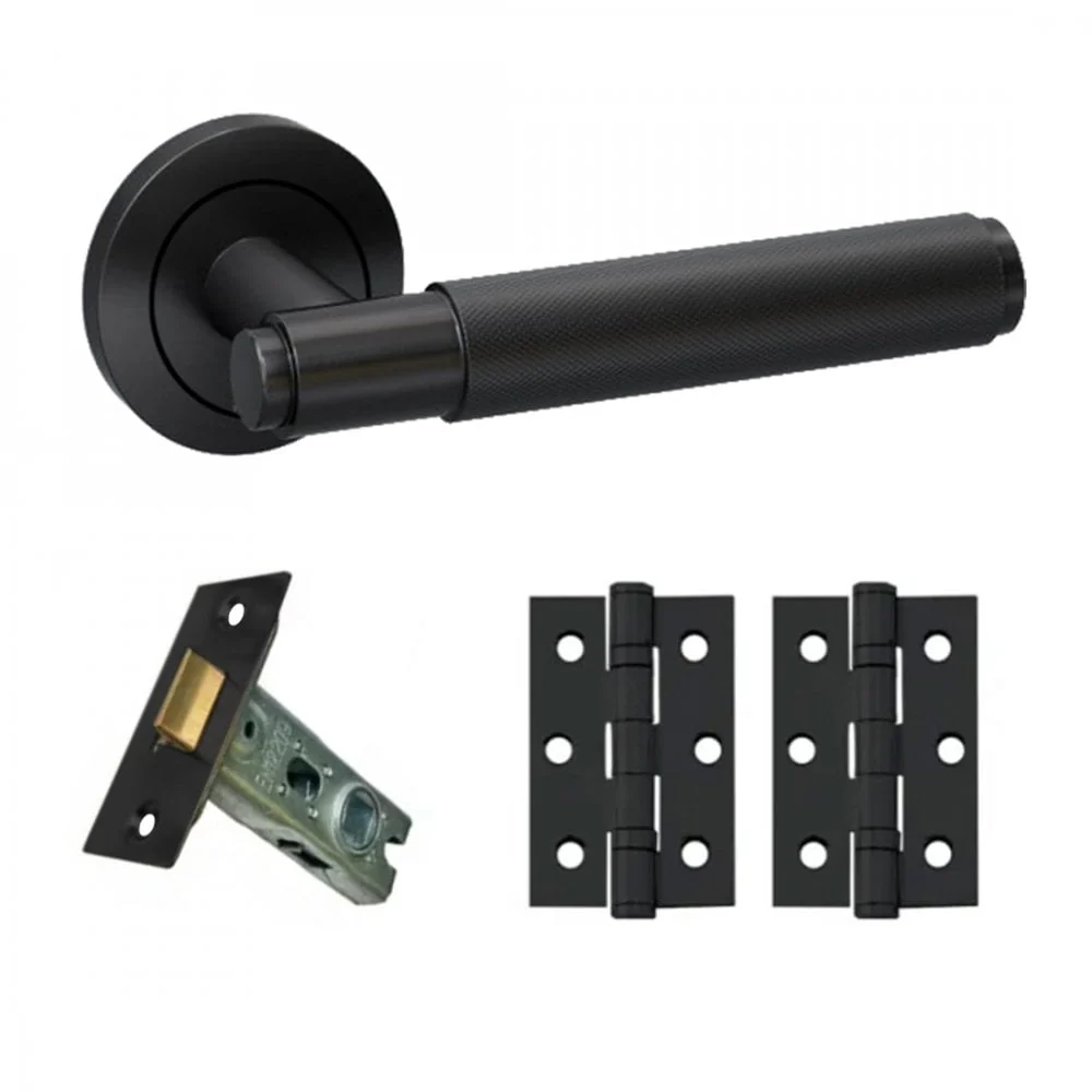 Knurled Internal Lever Handle On Round Rose Handle Set - Matt Black
