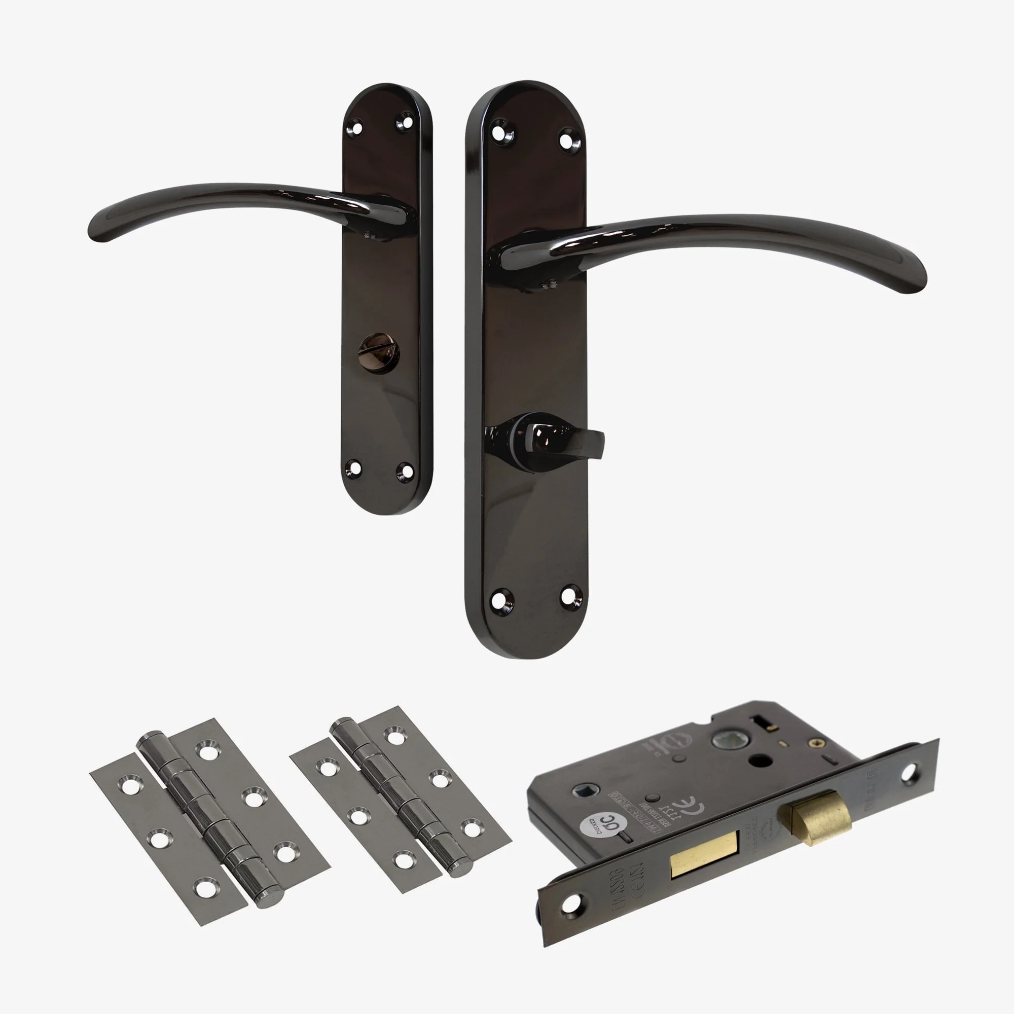 Scimitar Lever on Backplate Bathroom Door Handle Set - Black Nickel