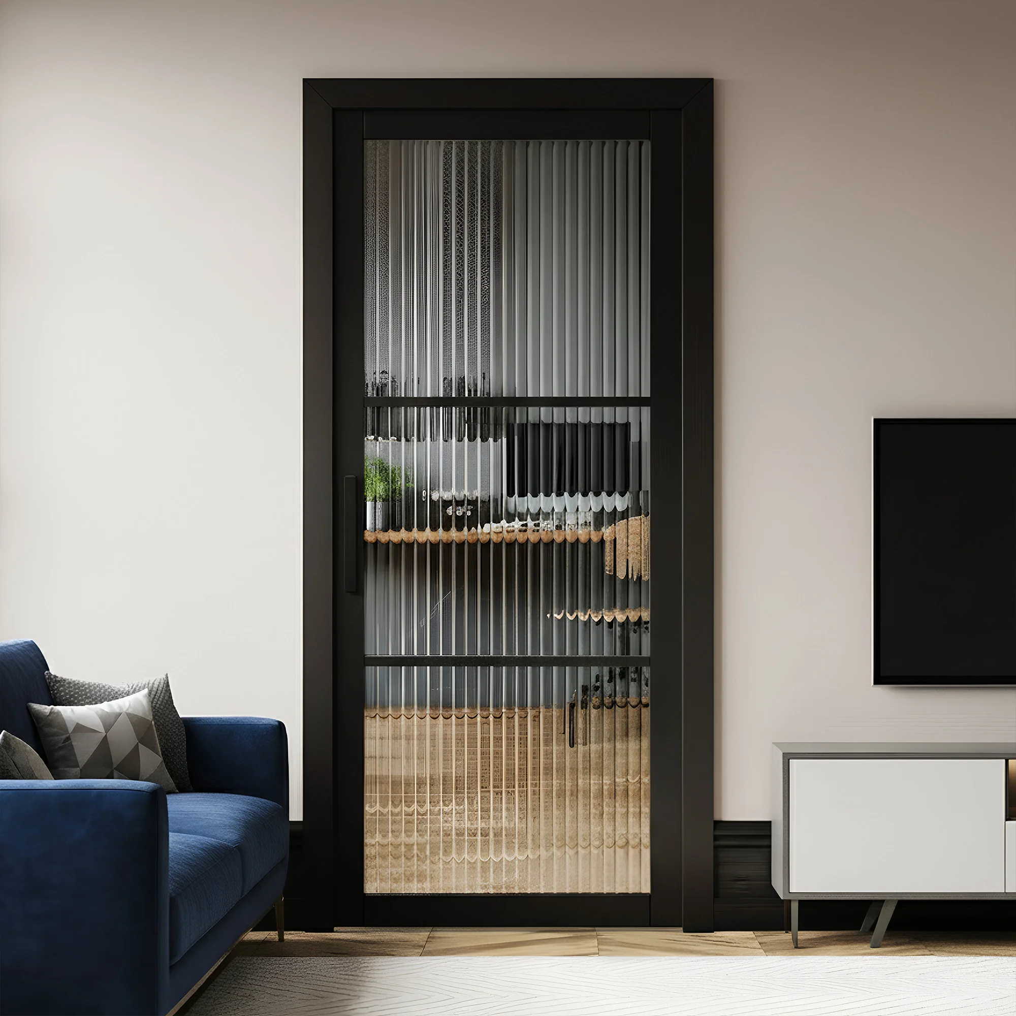 Jet Black Internal Fully Finished 3 Light Reeded Glass Industrial Studio Door