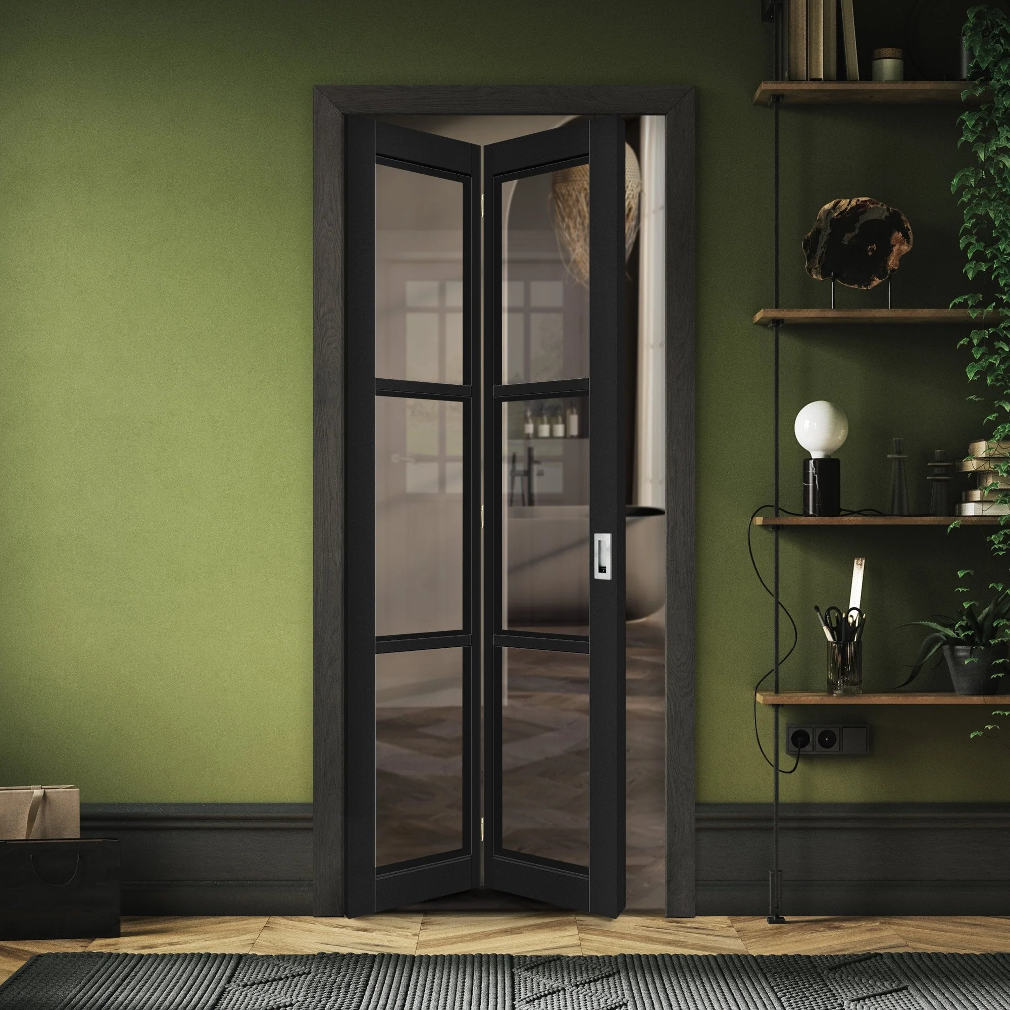 Jet Black Internal Fully Finished Industrial Studio 3 Light Clear Glass Bi-fold Door