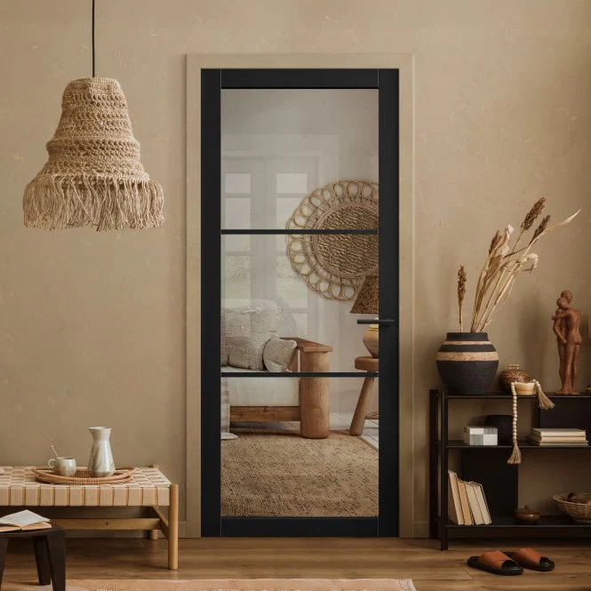 Jet Black Internal Fully Finished Industrial Studio 3 Light Clear Glass Made-to-Measure Door (120536)