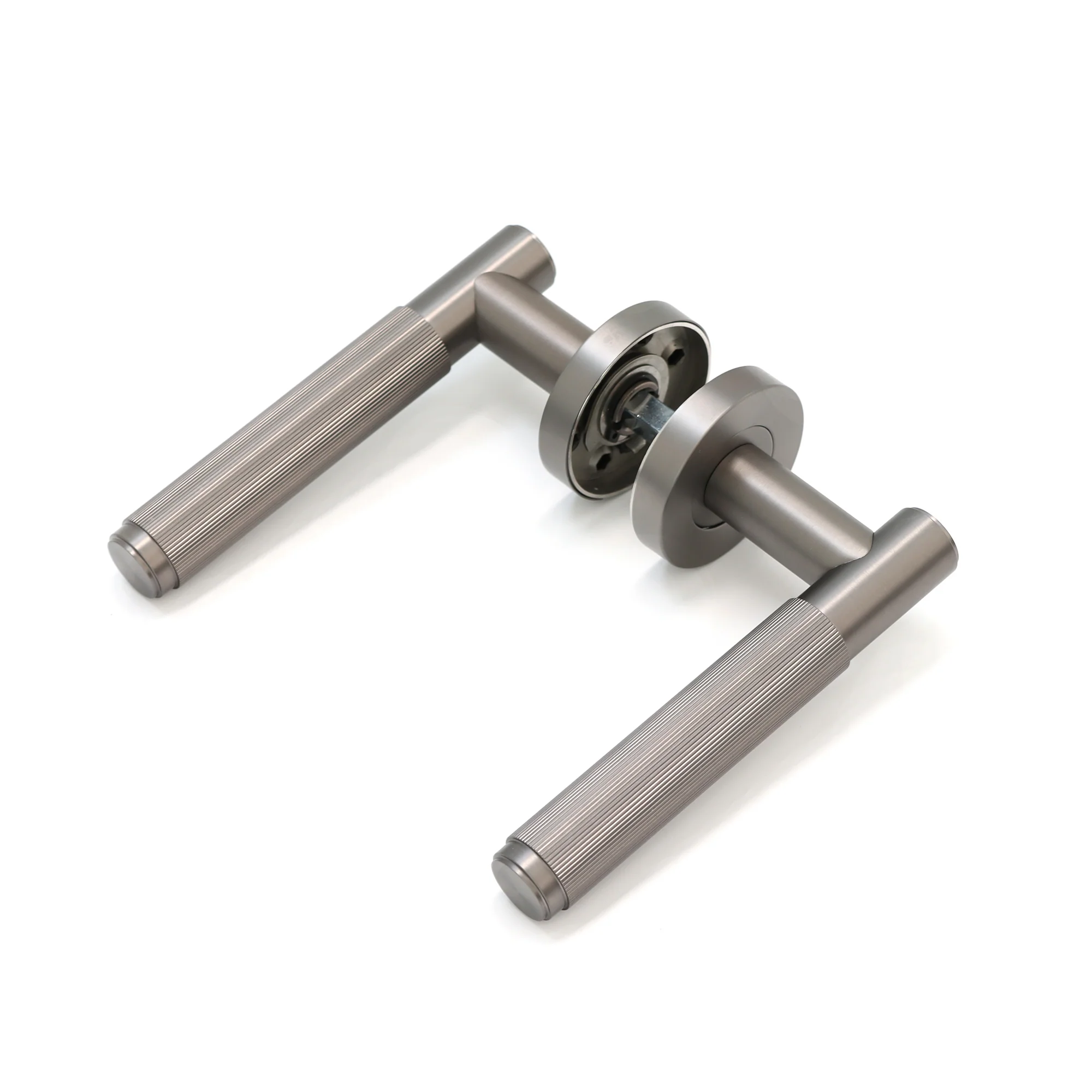 Fluted Lever on Round Rose Door Handle Set - Gun Metal - Image 3