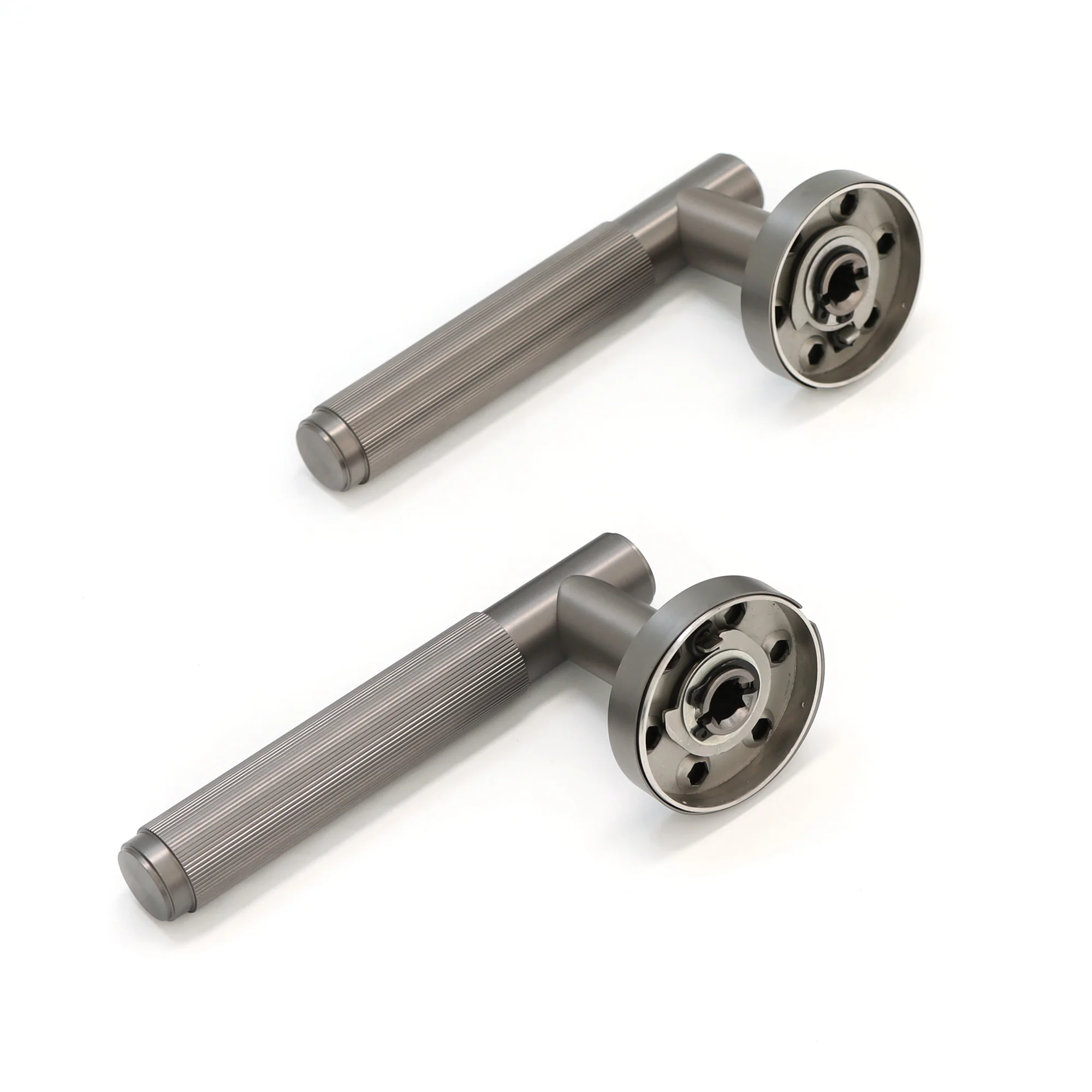 Fluted Lever on Round Rose Door Handle Set - Gun Metal - Image 4