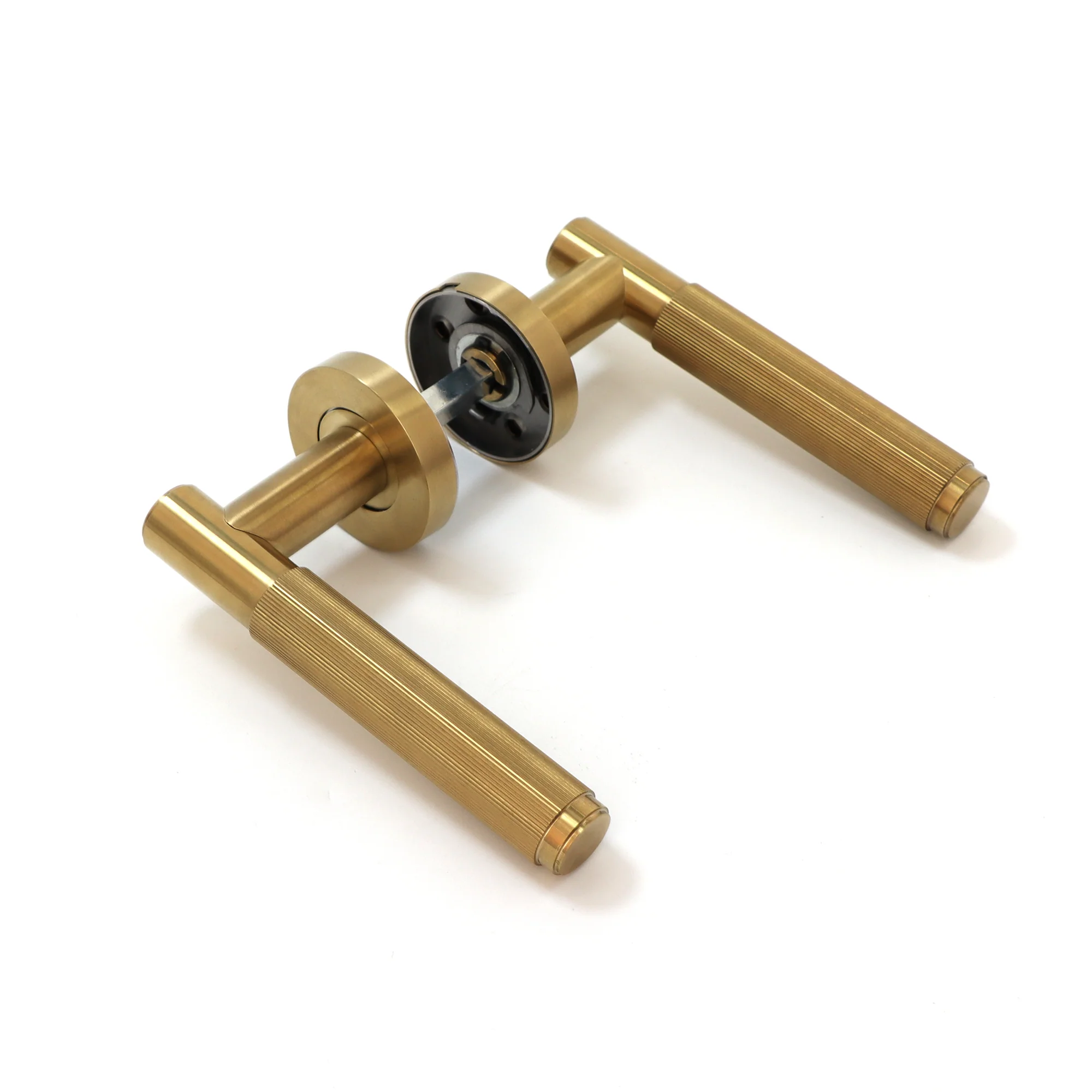 Fluted Lever on Round Rose Door Handle Set - Satin Gold - Image 2