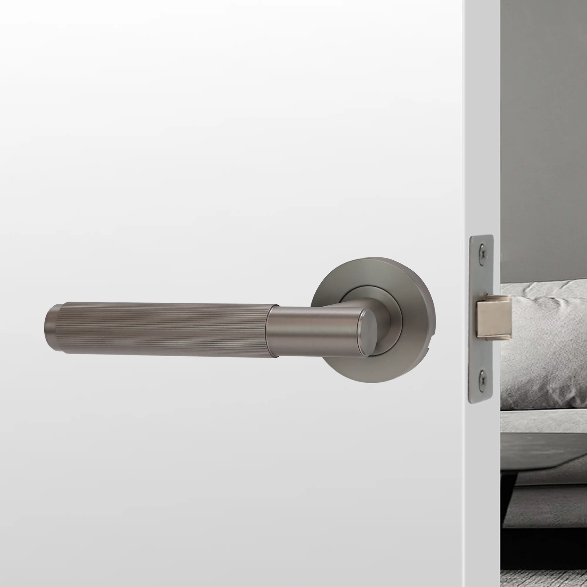 Fluted Lever on Round Rose Door Handle Set - Satin Stainless Steel - Image 2