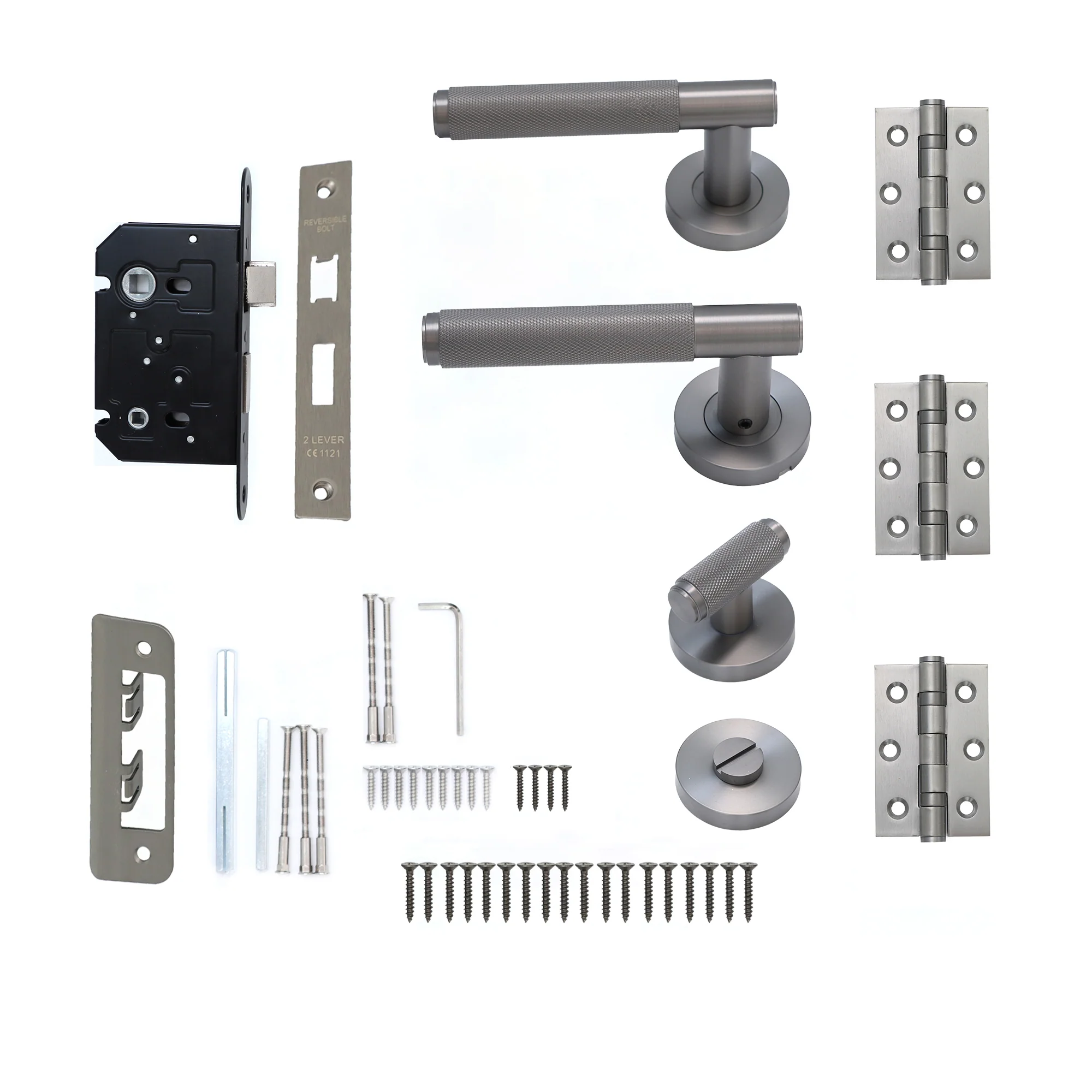 Knurled Lever on Round Rose Bathroom Door Handle Set - Gun Metal