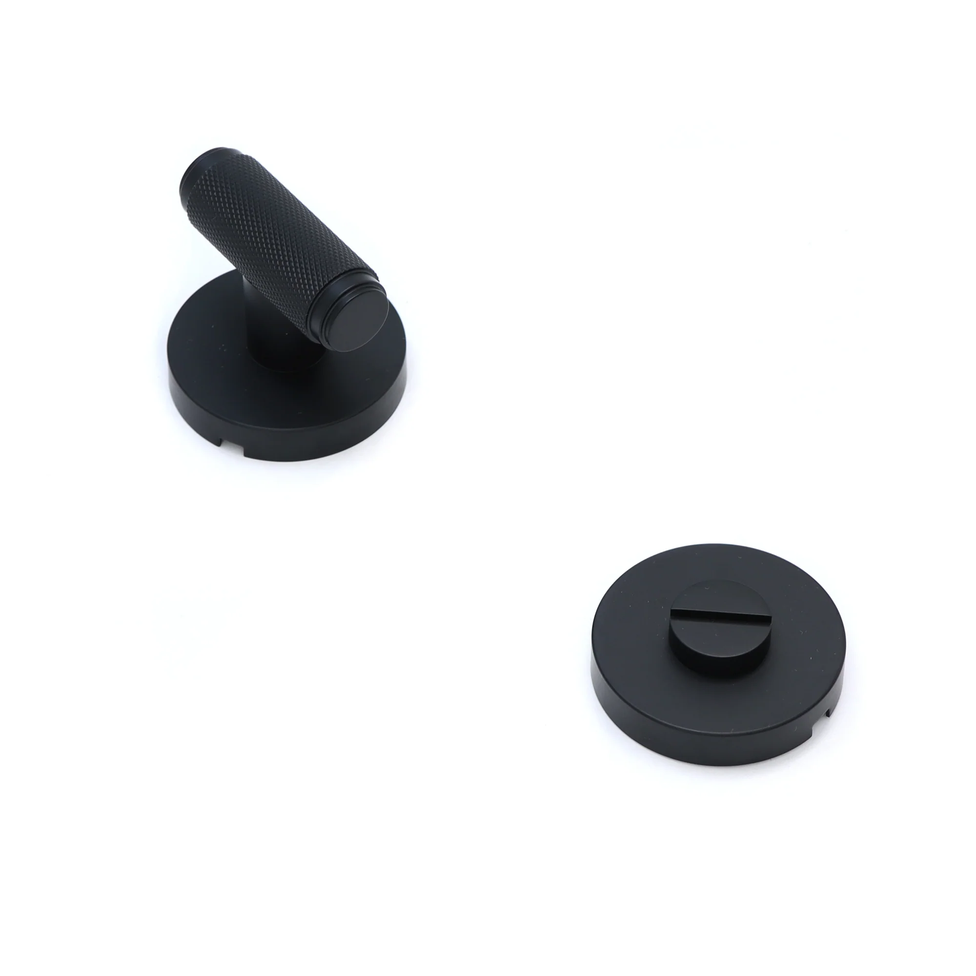 Knurled Lever on Round Rose Bathroom Door Handle Set - Matt Black - Image 3