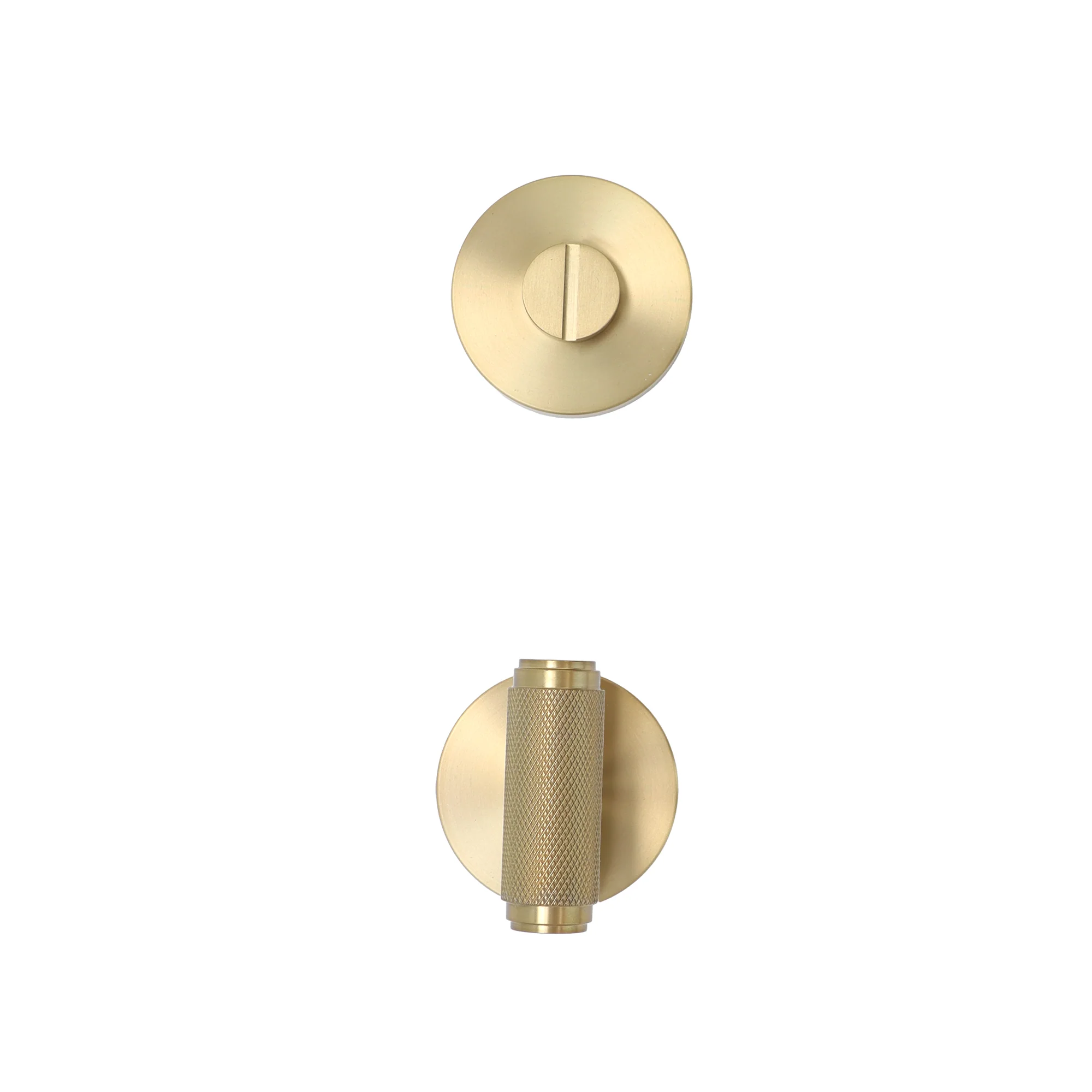 Knurled Lever on Round Rose Bathroom Door Handle Set - Satin Gold - Image 2