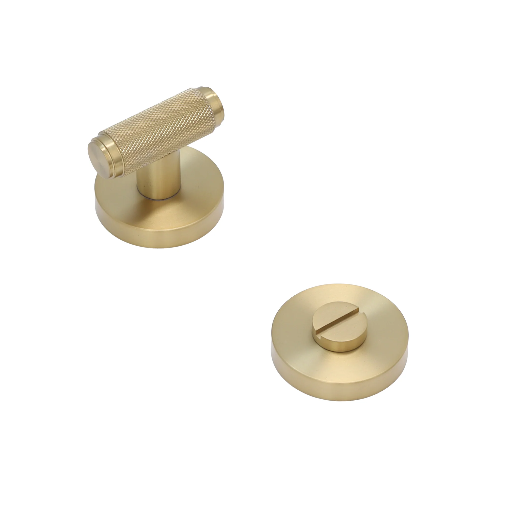 Knurled Lever on Round Rose Bathroom Door Handle Set - Satin Gold - Image 3