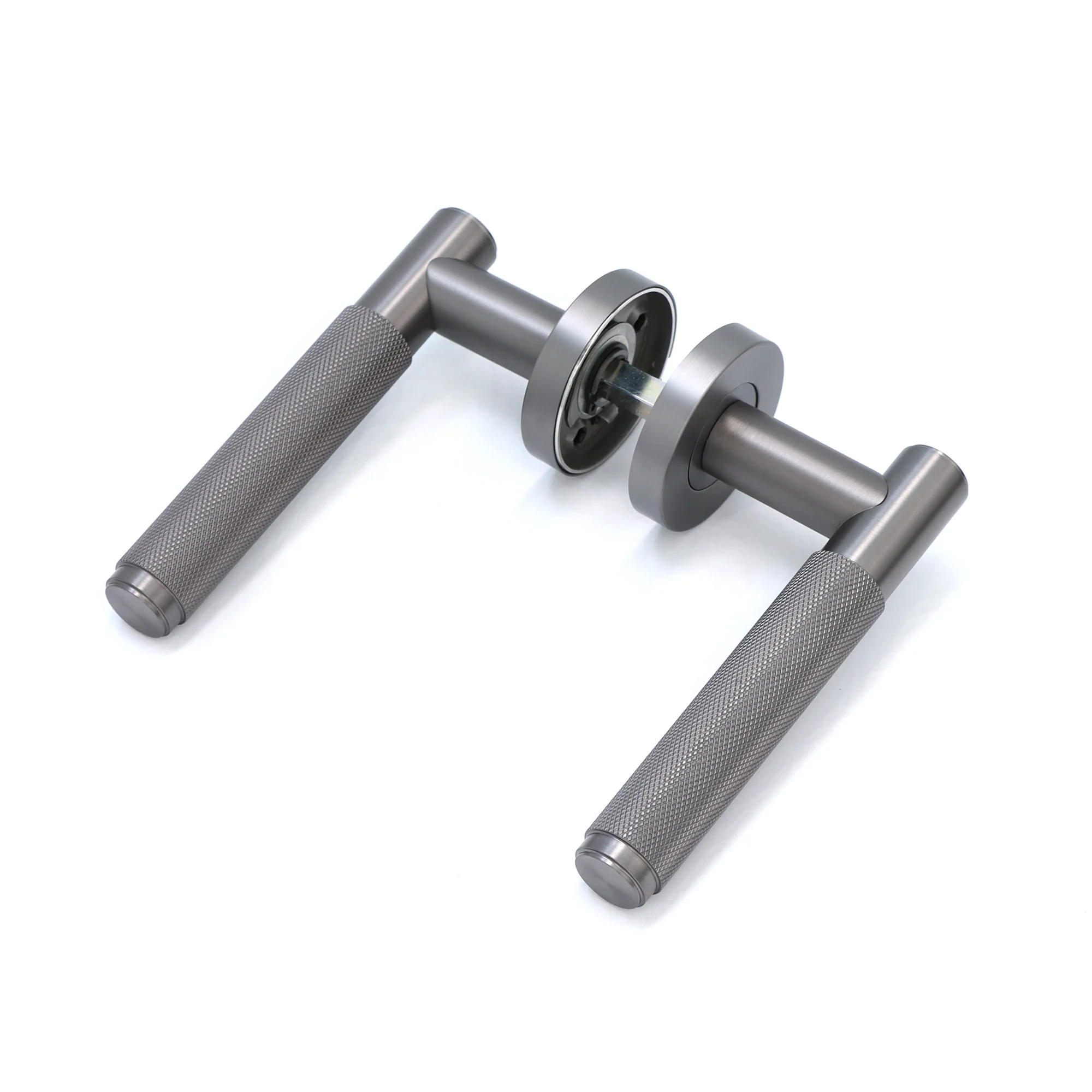 Knurled Lever on Round Rose Door Handle Set - Gun Metal - Image 2