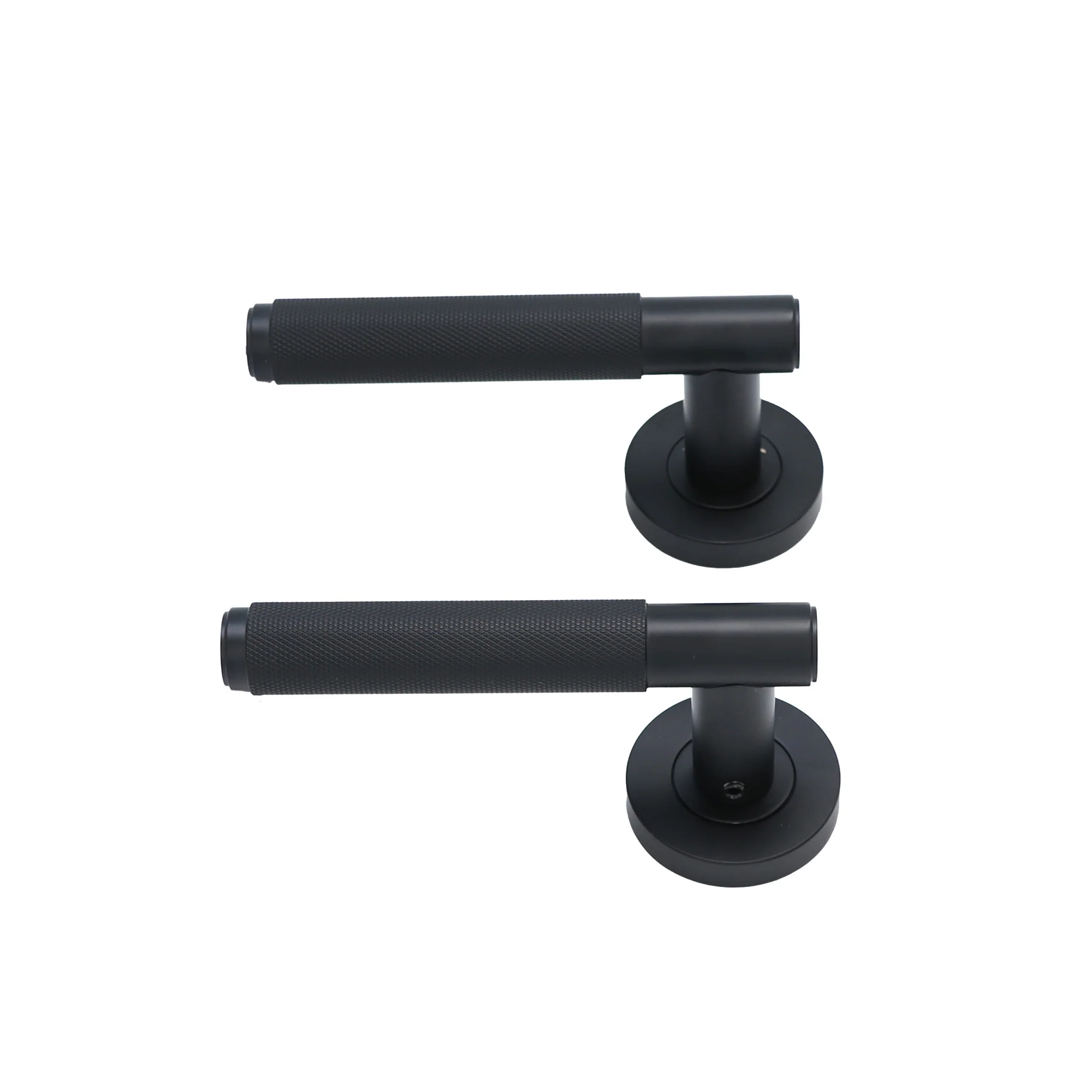 Knurled Lever on Round Rose Door Handle Set - Matt Black