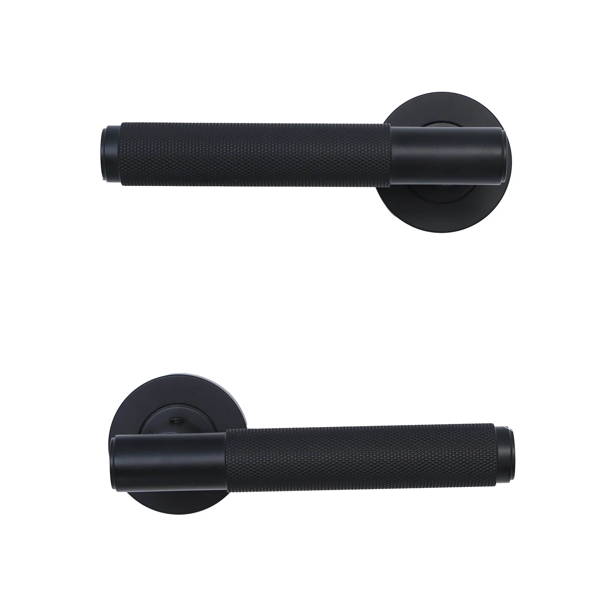 Knurled Lever on Round Rose Door Handle Set - Matt Black - Image 6