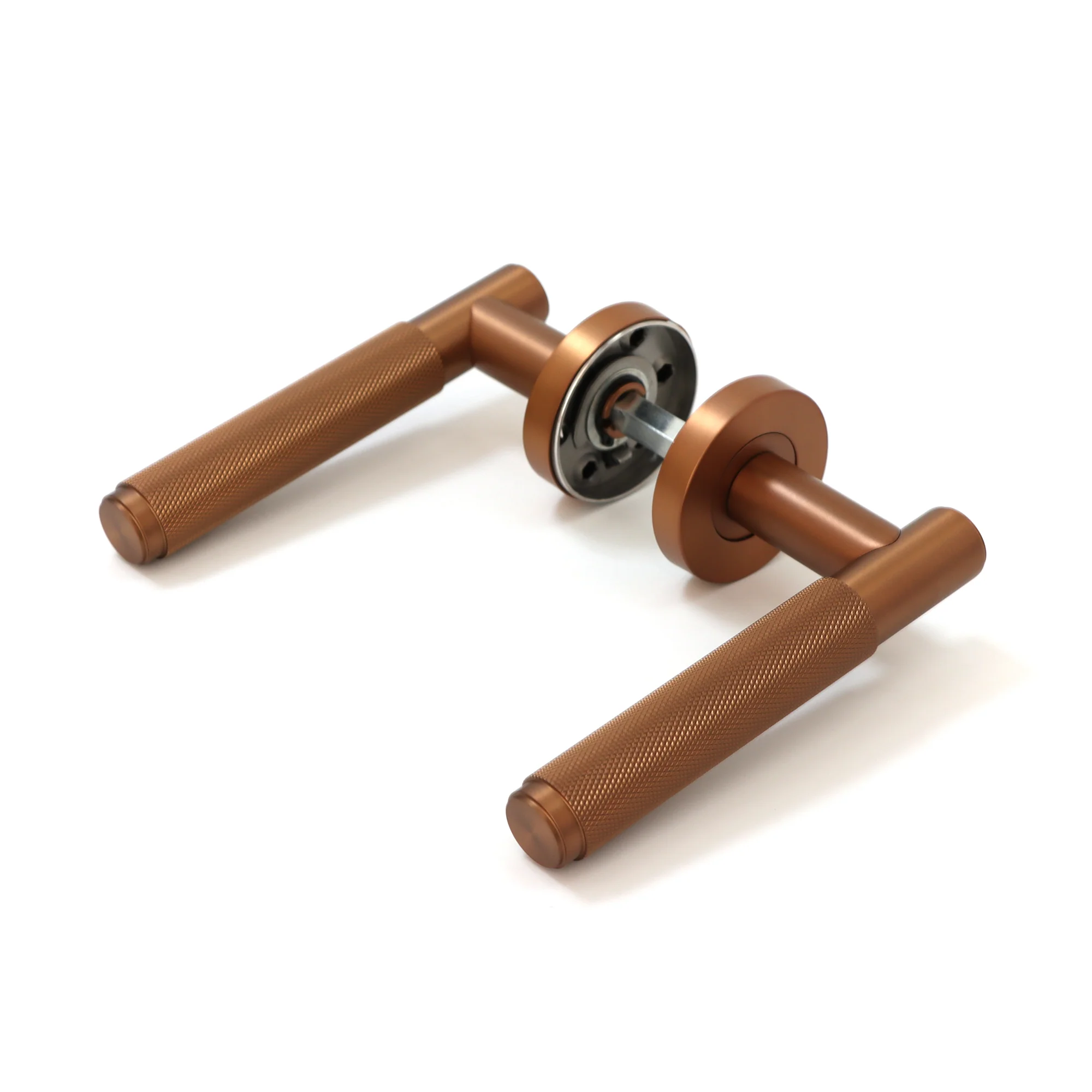 Knurled Lever on Round Rose Door Handle Set - Rose Gold - Image 2