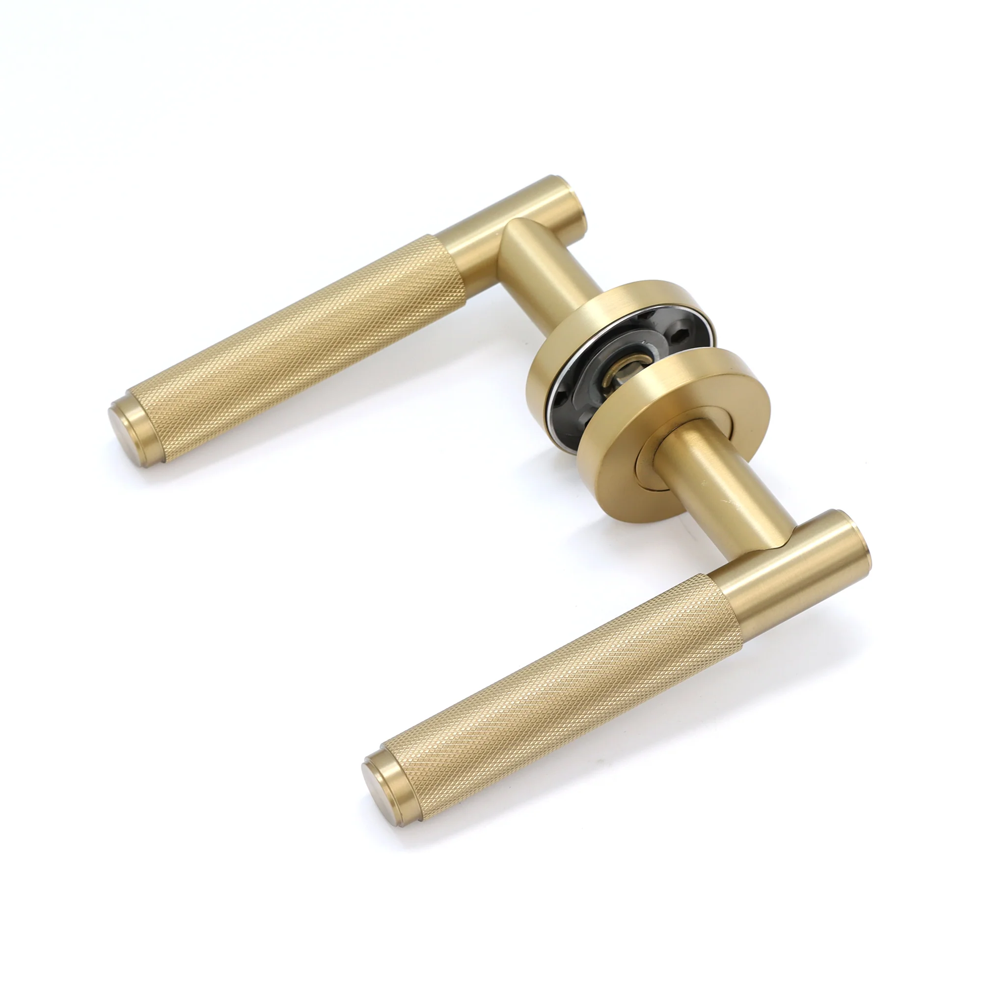Knurled Lever on Round Rose Door Handle Set - Satin Gold - Image 2