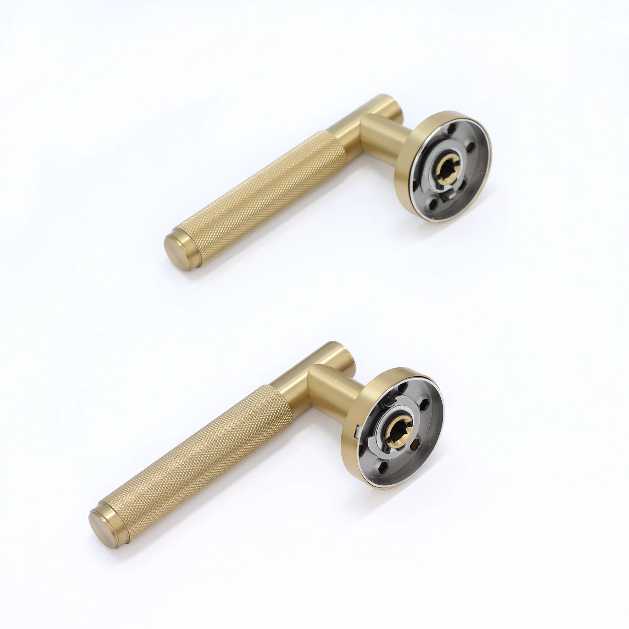 Knurled Lever on Round Rose Door Handle Set - Satin Gold - Image 3