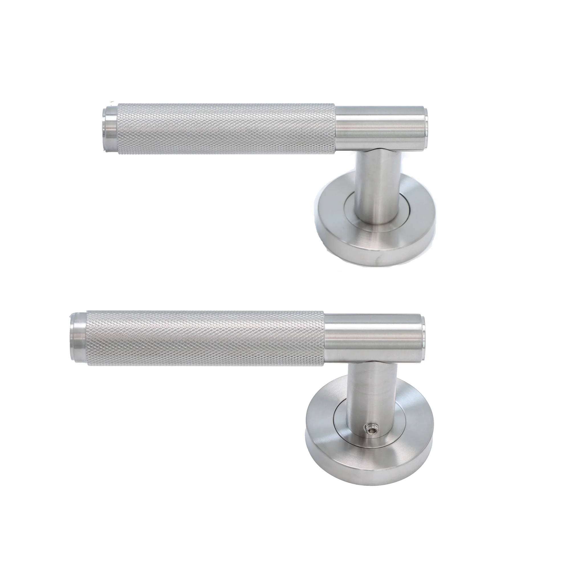 Knurled Lever on Round Rose Door Handle Set - Satin Stainless Steel - Image 2