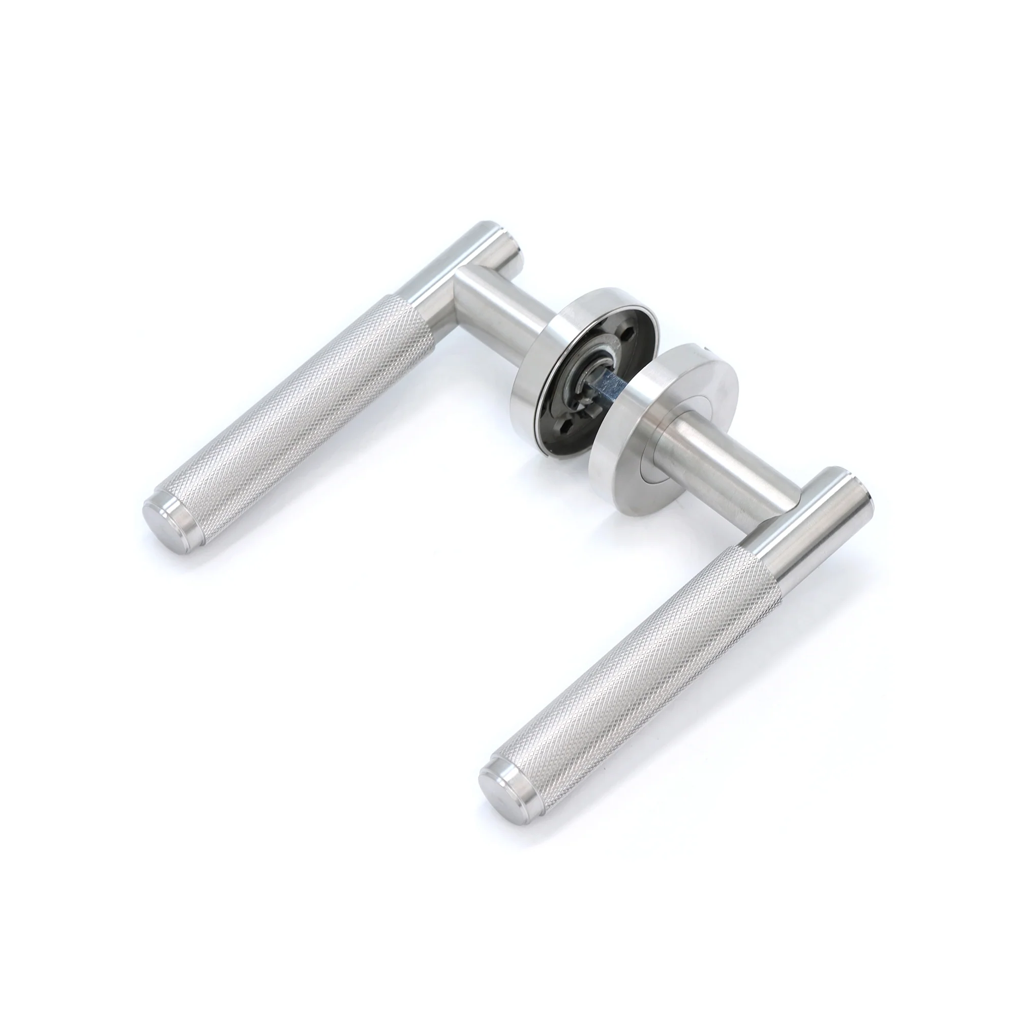 Knurled Lever on Round Rose Door Handle Set - Satin Stainless Steel - Image 3