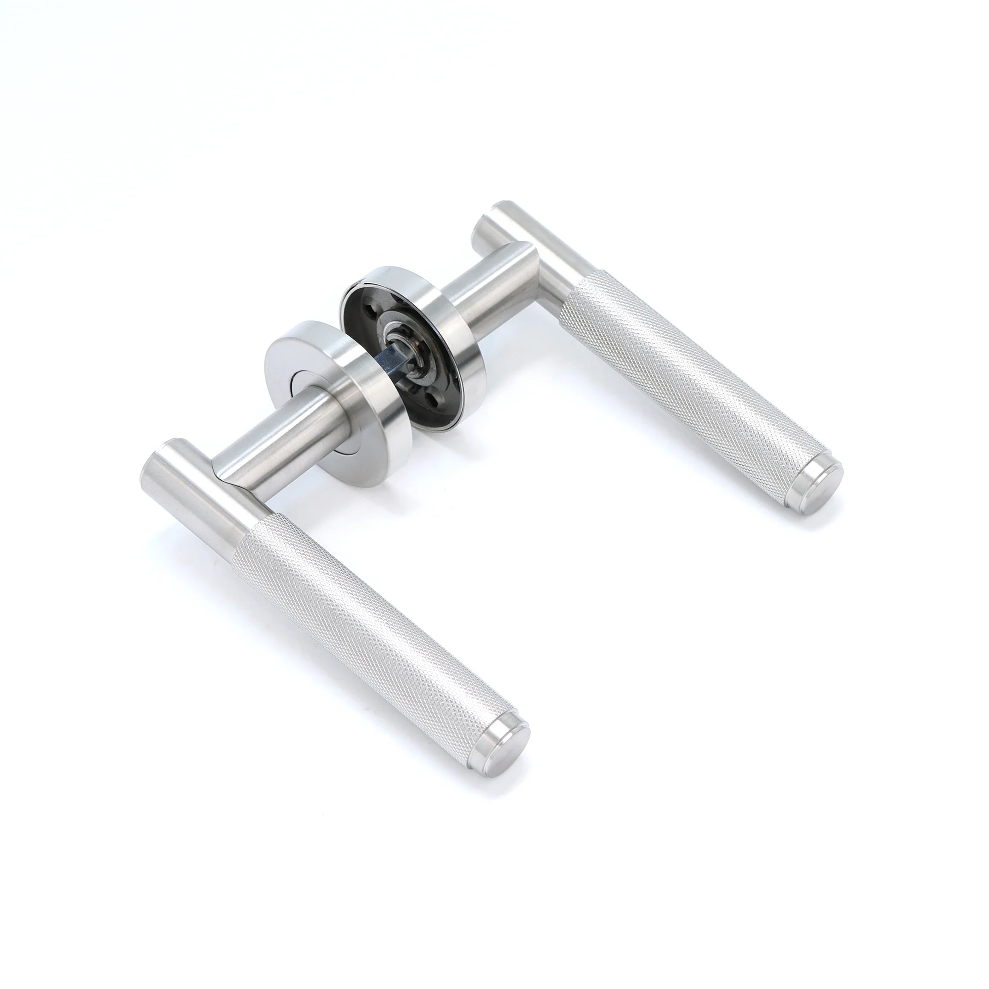 Knurled Lever on Round Rose Door Handle Set - Satin Stainless Steel - Image 4