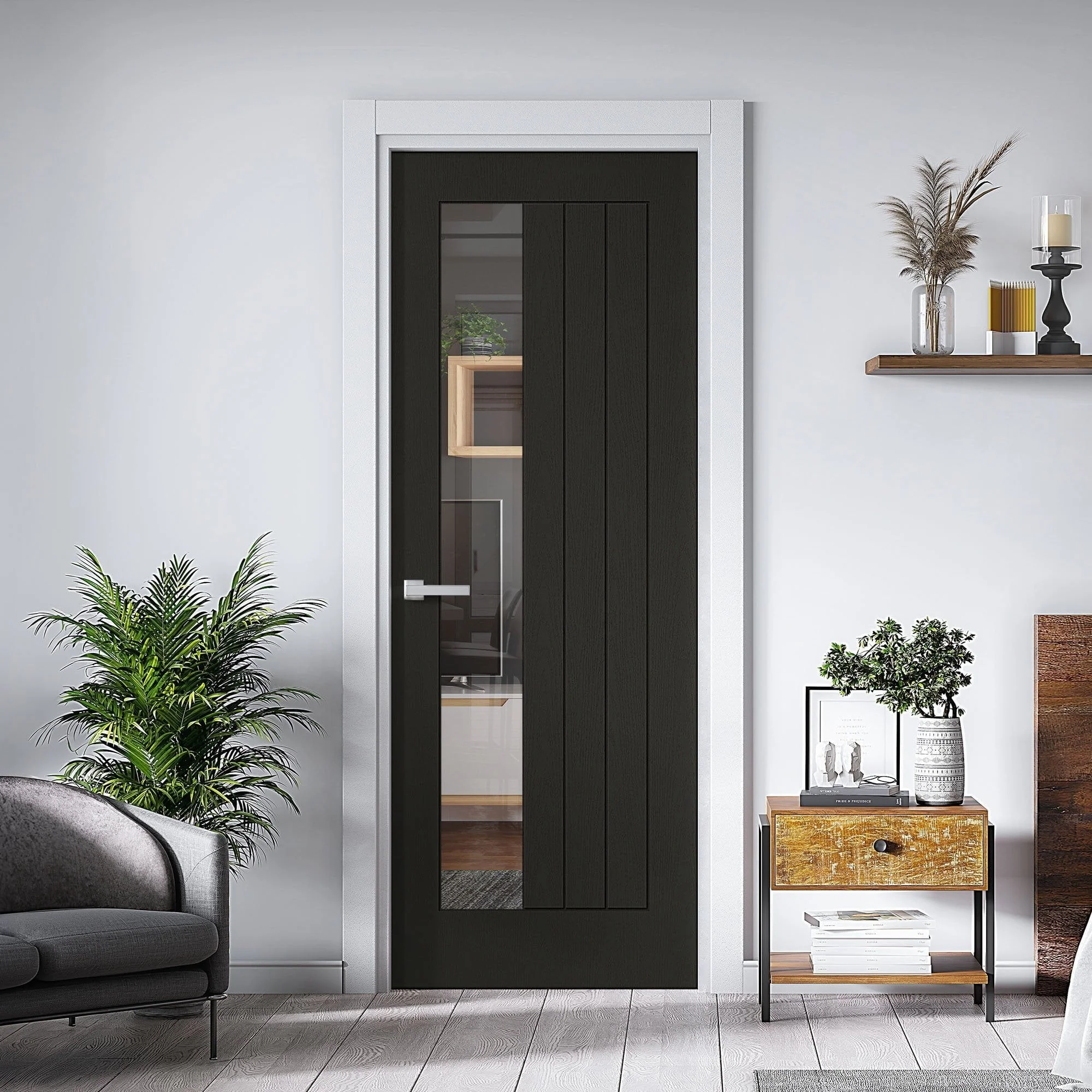 Black Internal Fully Finished Oak Farley 1 Light Offset Clear Glass Made-to-Measure Door