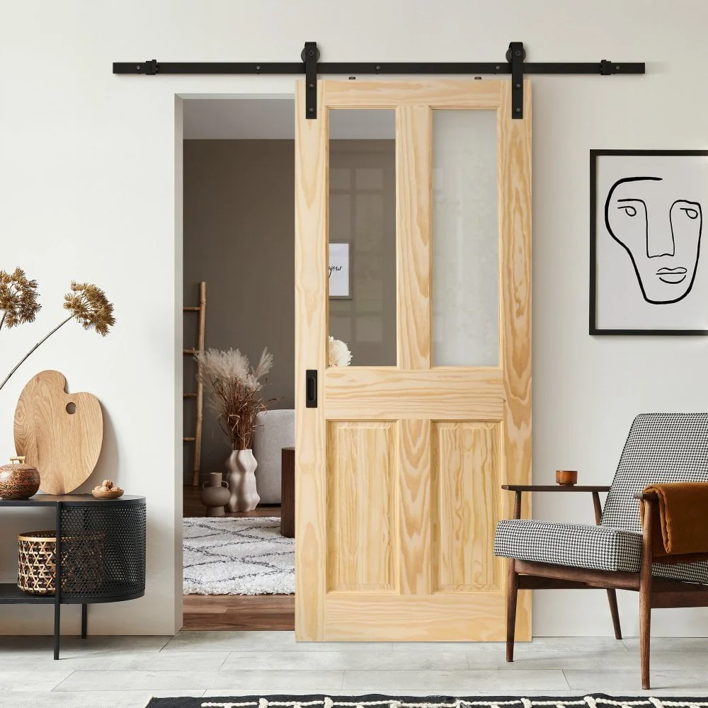 Clear Pine Internal Unfinished 2 Panel 2 Light Clear Glass Sliding Door - Black Face Mounted - Image 2