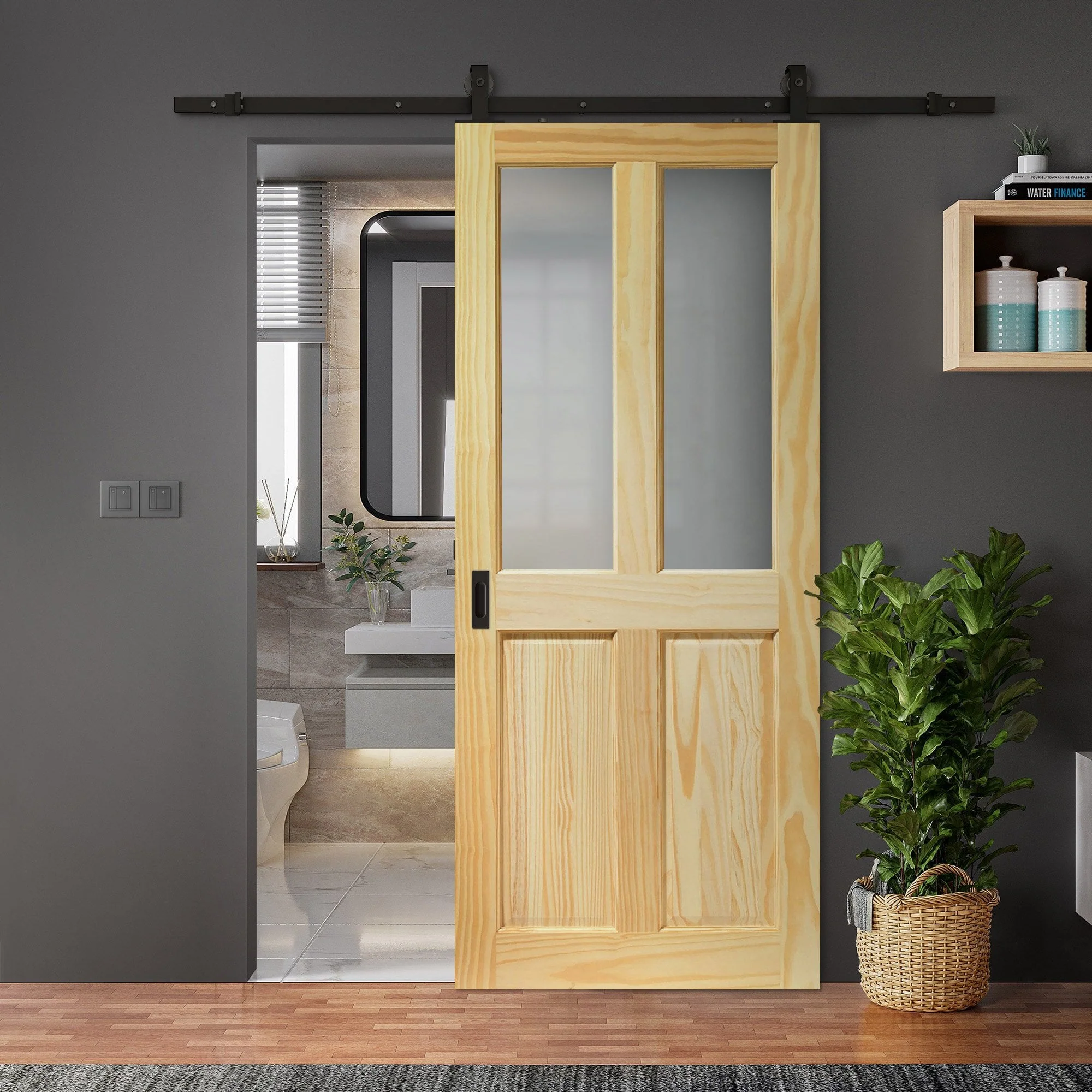 Clear Pine Internal Unfinished 2 Panel 2 Light Obscure Glass Sliding Door - Black Top Mounted