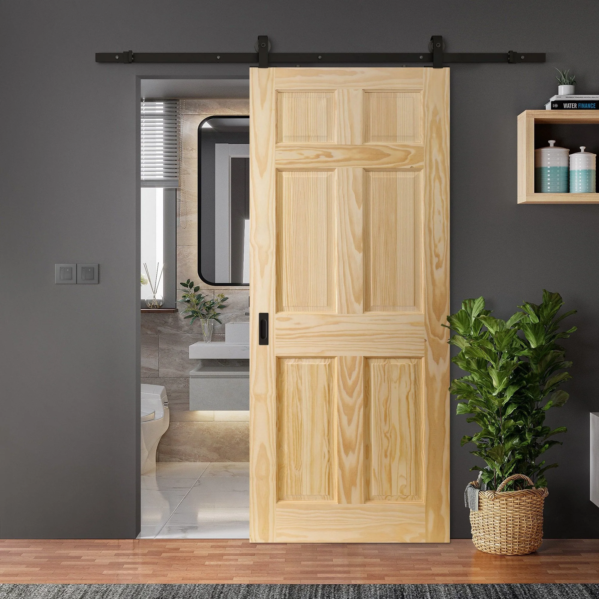Clear Pine Internal Unfinished 6 Panel Door Sliding Door - Black Top Mounted