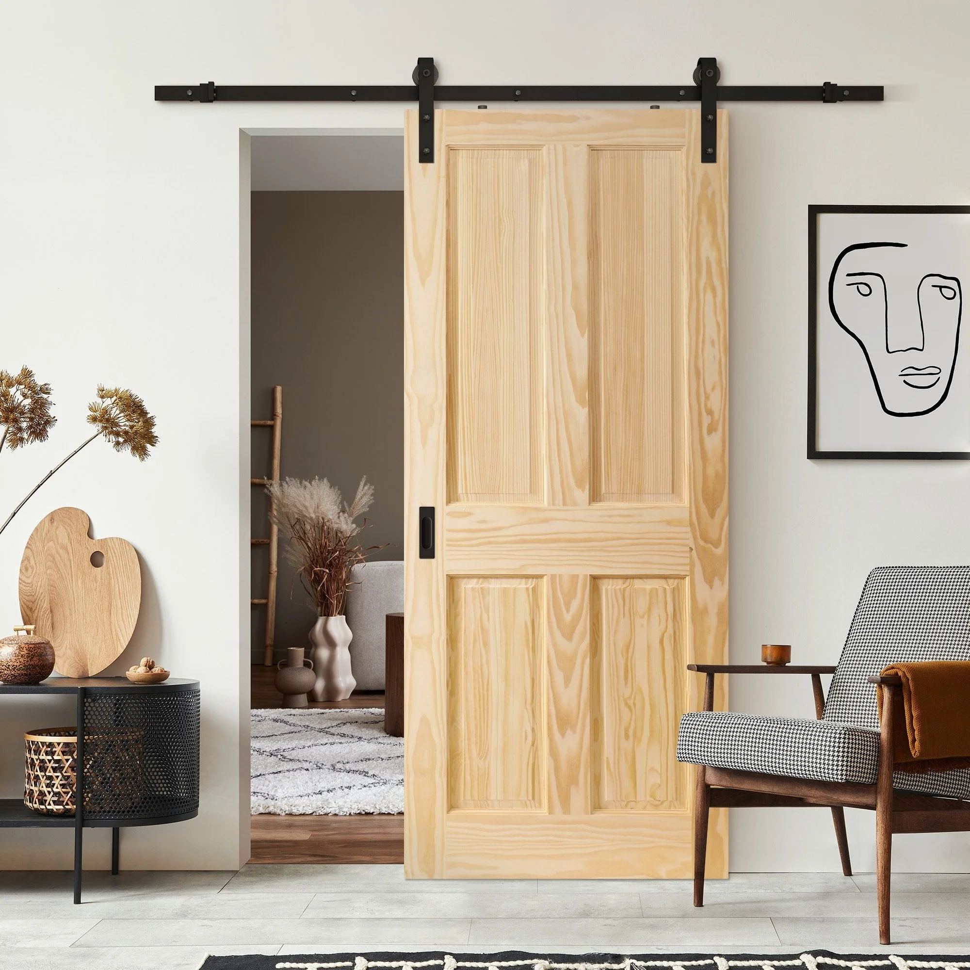 Clear Pine Internal Unfinished Malton 4 Panel Sliding Door - Black Face Mounted - Image 2