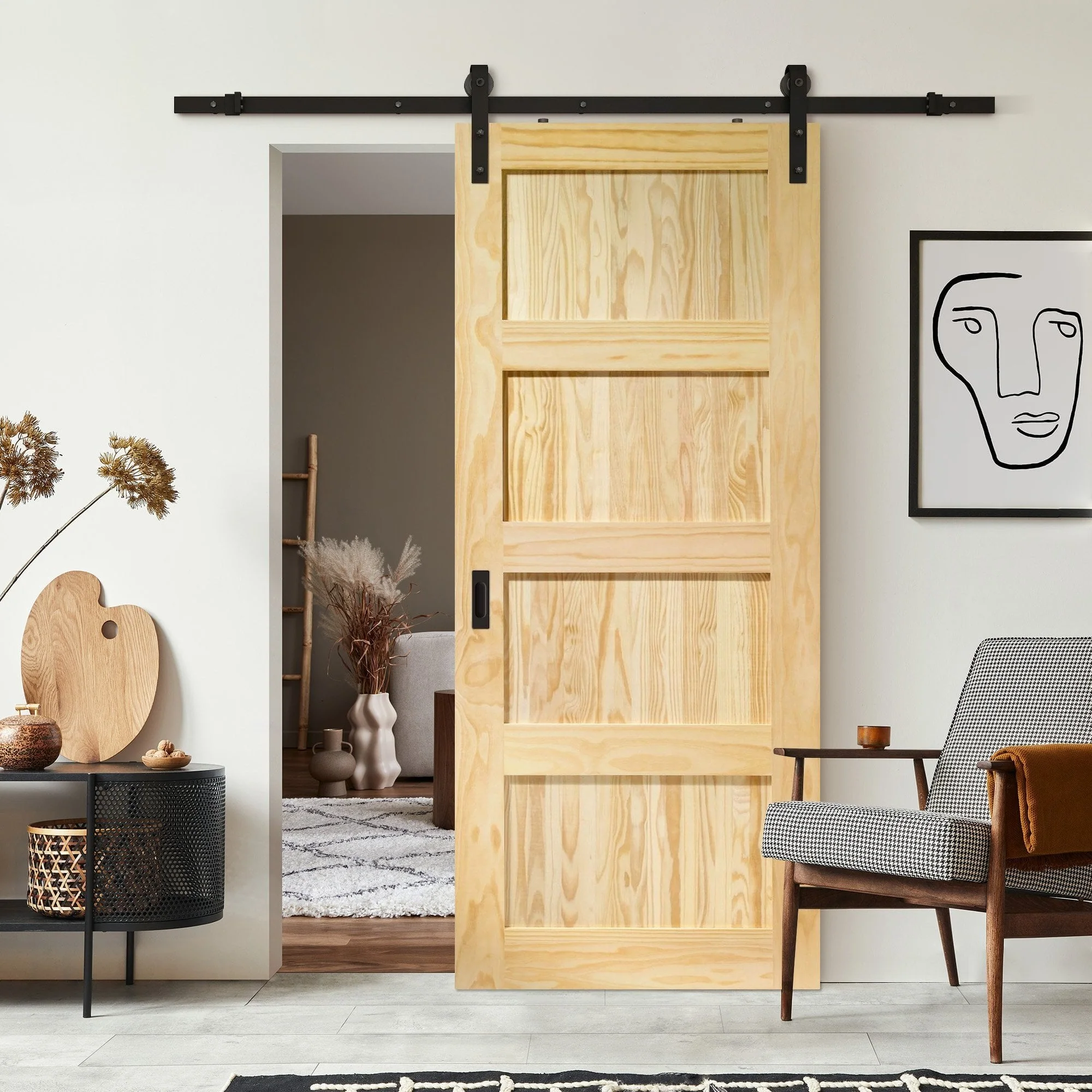 Clear Pine Internal Unfinished Shaker 4 Panel Sliding Door - Black Face Mounted - Image 2