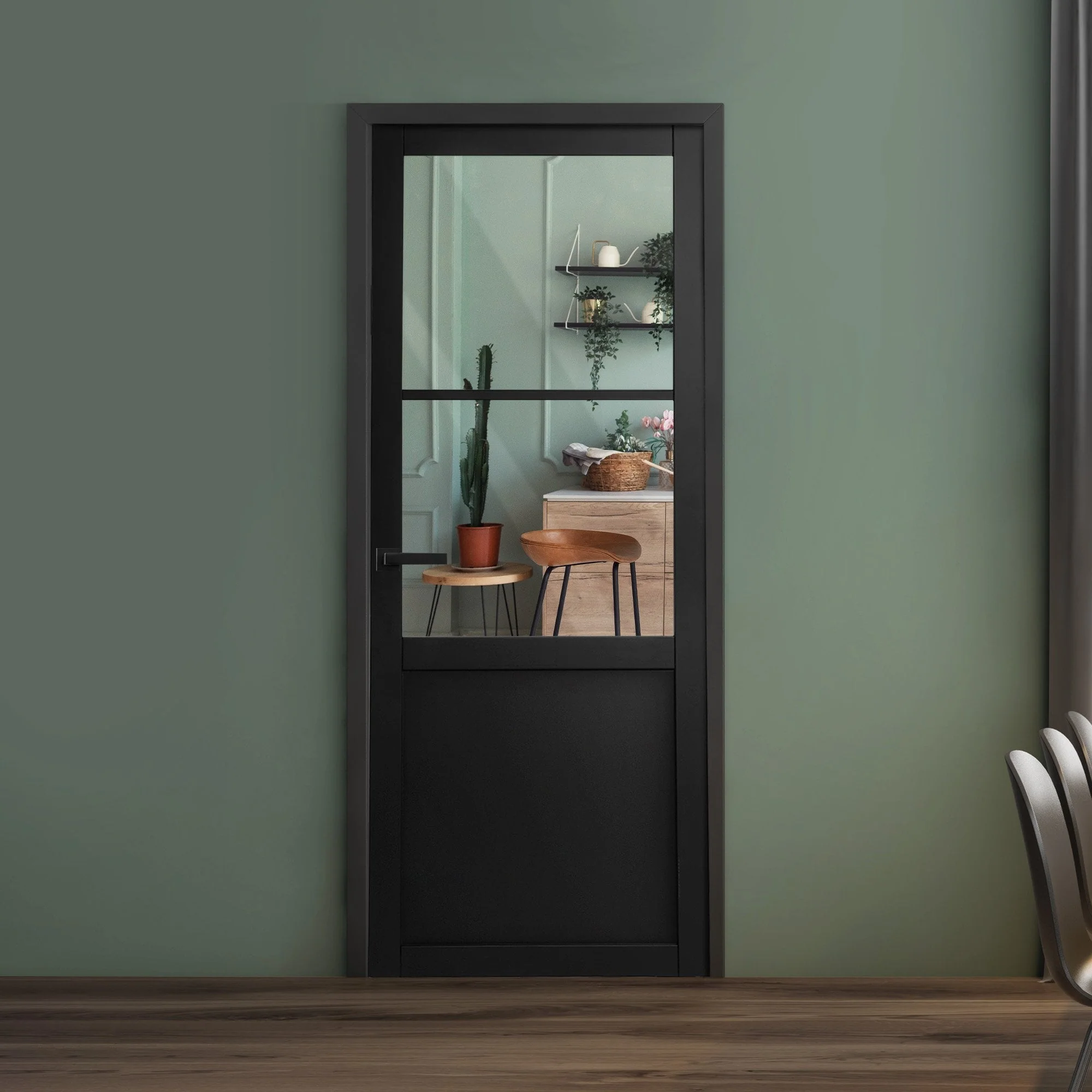 Graphite Black Internal Fully Finished Industrial Studio 1 Panel 2 Light Clear Glass Door