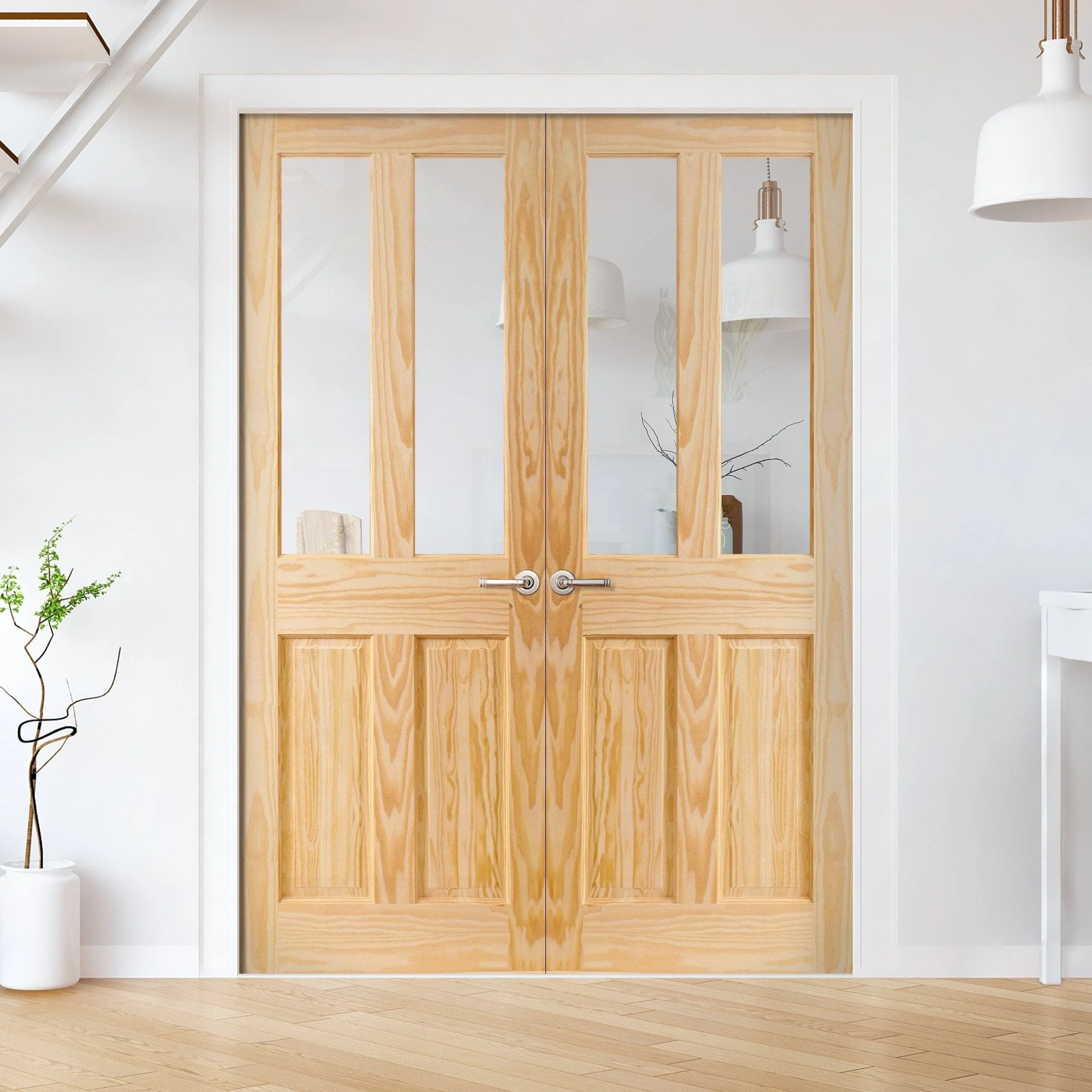 Internal Clear Pine Unfinished 2 Panel 2 Light Clear Glass French Door