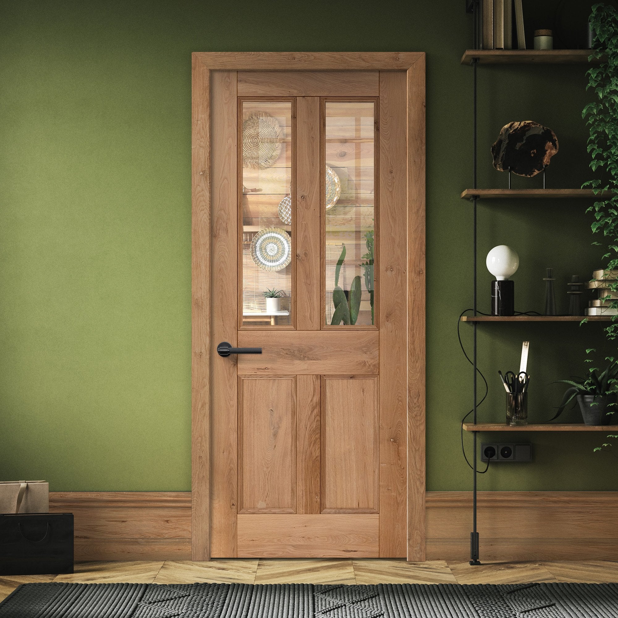 Internal Fully Finished Rustic Oak Victorian 2 Light Clear Glazed Door