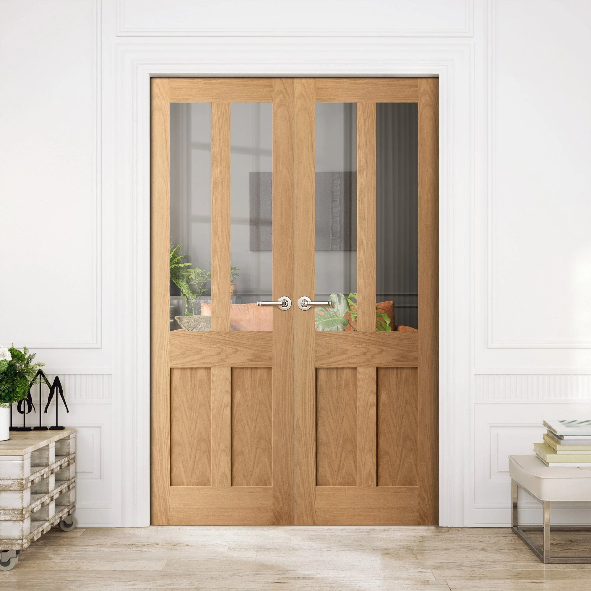 Internal Oak Unfinished Victorian Shaker 2 Panel 2 Light Glazed French Door (121394)