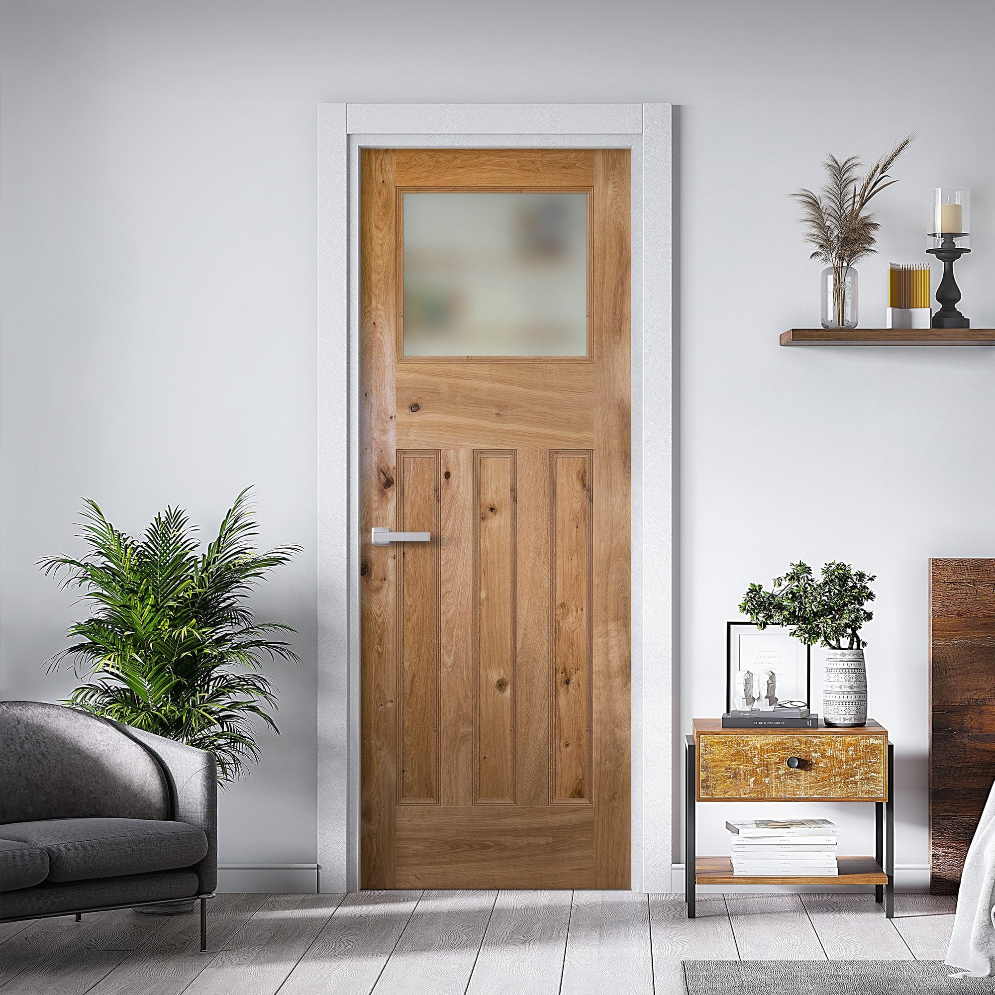 Internal Rustic Oak Fully Finished 1930's DX Obscure Glass Door