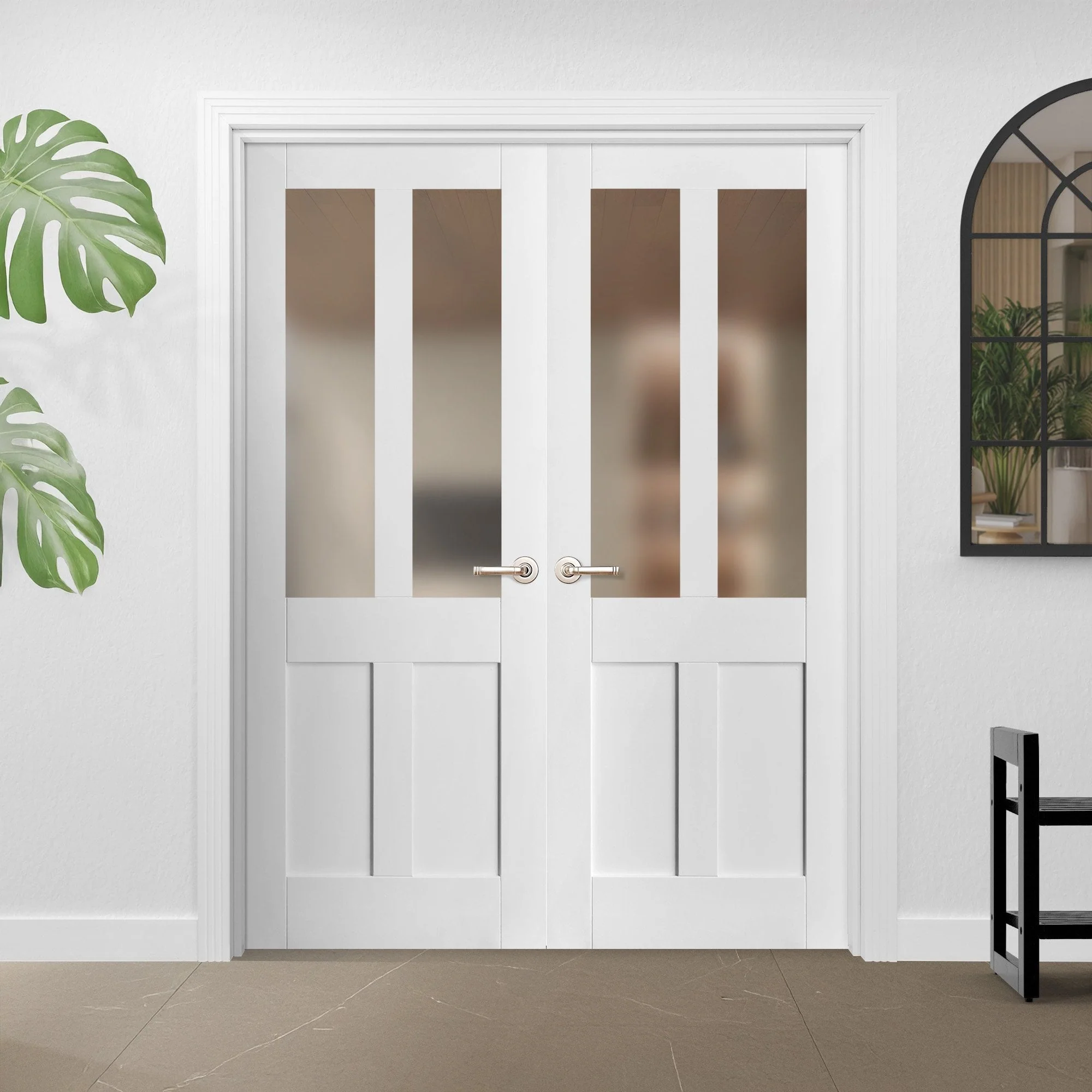 Internal White Primed Victorian 2 Panel 2 Light Obscure Glass French Door (121439)