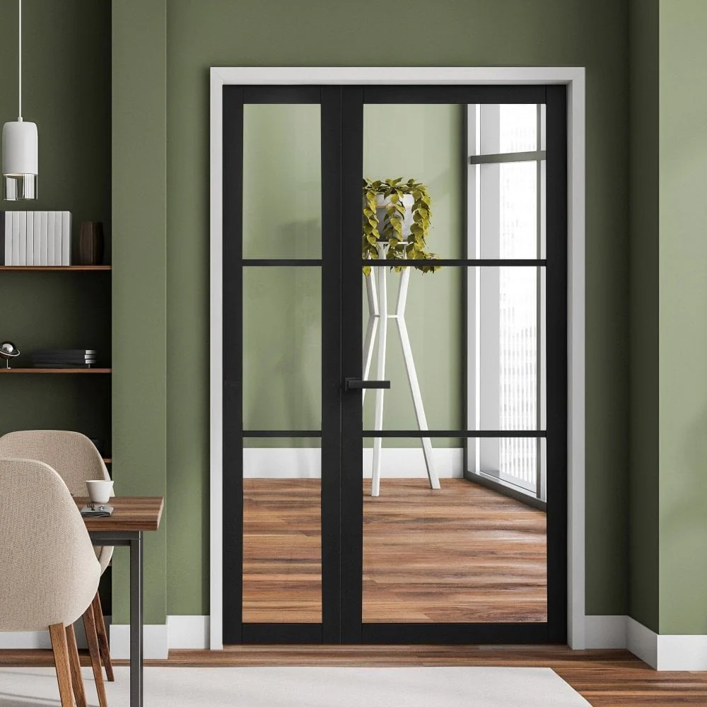 Jet Black Internal Fully Finished 3 Light Clear Glass Industrial Studio Sidelight