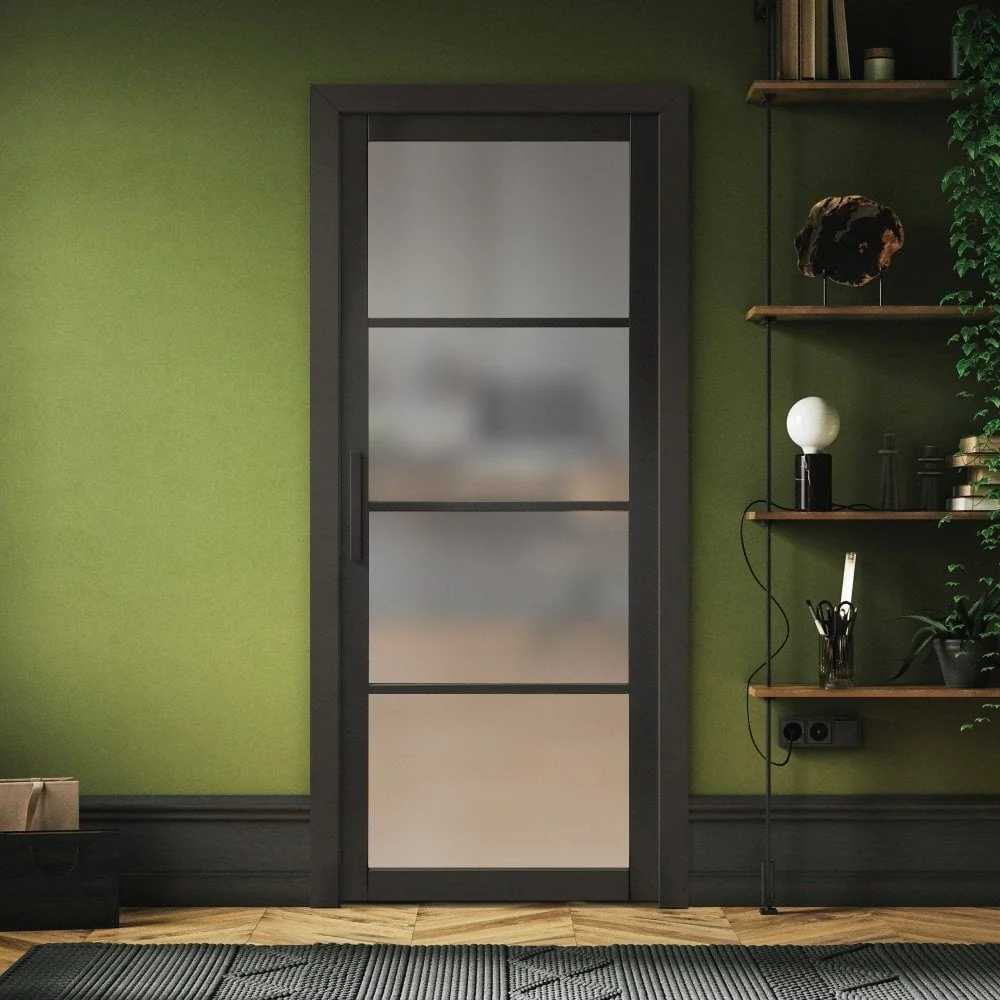 Jet Black Internal Fully Finished 4 Light Obscure Glass Industrial Studio Door