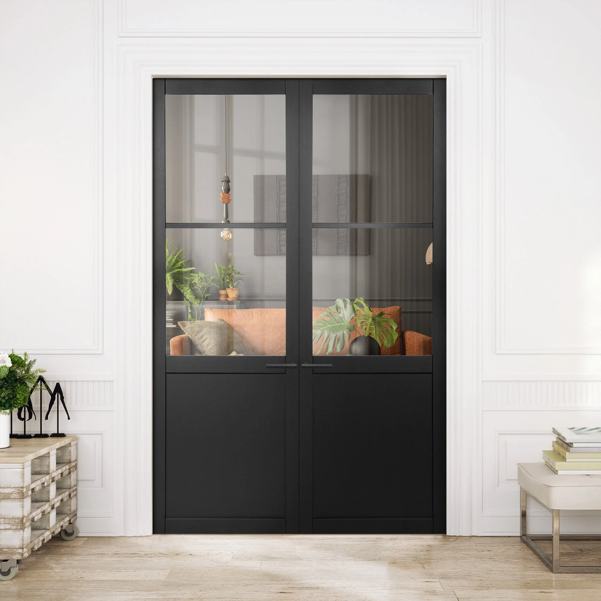 Jet Black Internal Fully Finished Industrial Studio 1 Panel 2 Light Clear Glass French Door