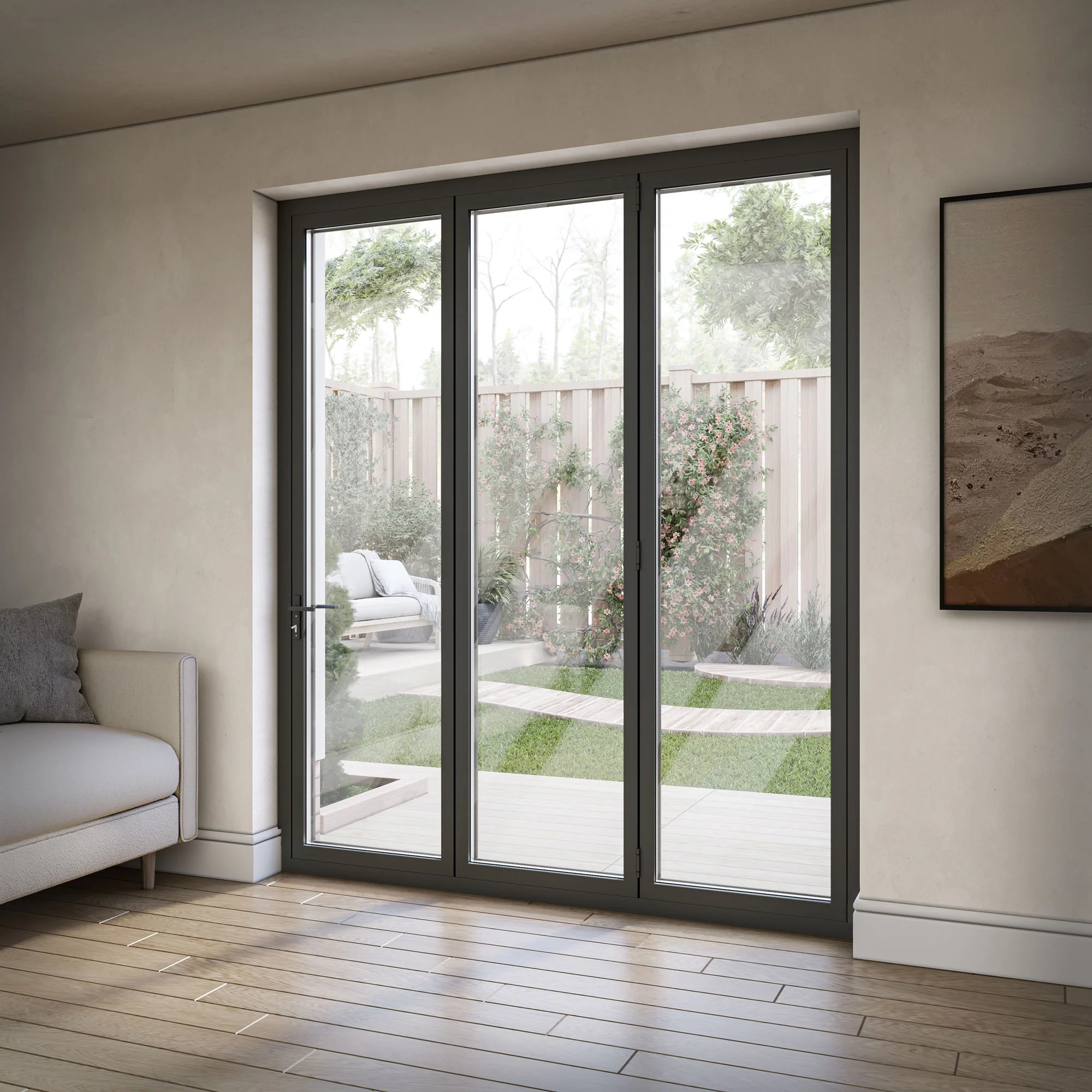 Matt Grey Aluminium External 3+0 Clear Glass Folding Patio Door - Image 3