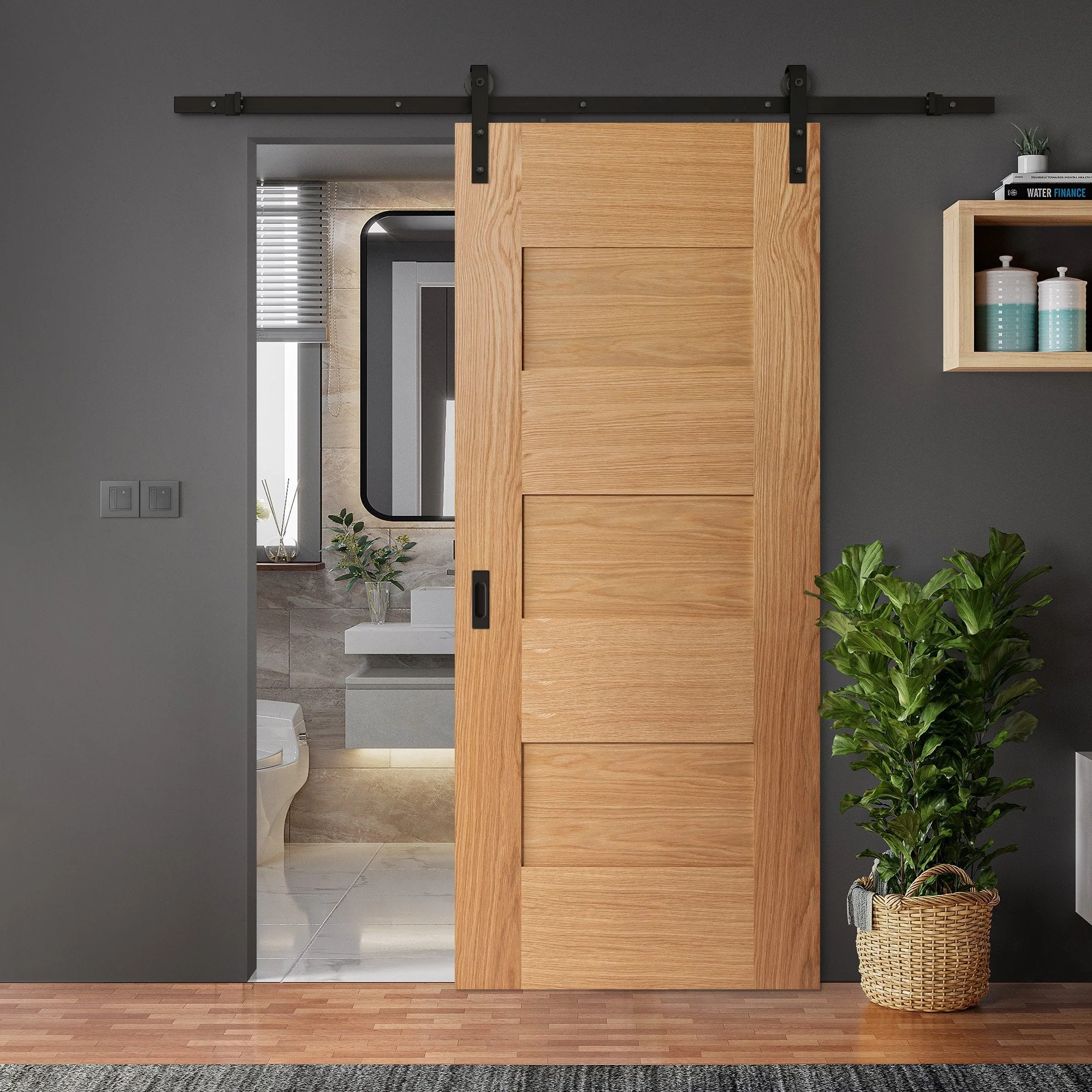 Oak Internal Fully Finished Edison 7 Panel Sliding Door - Black Face Mounted