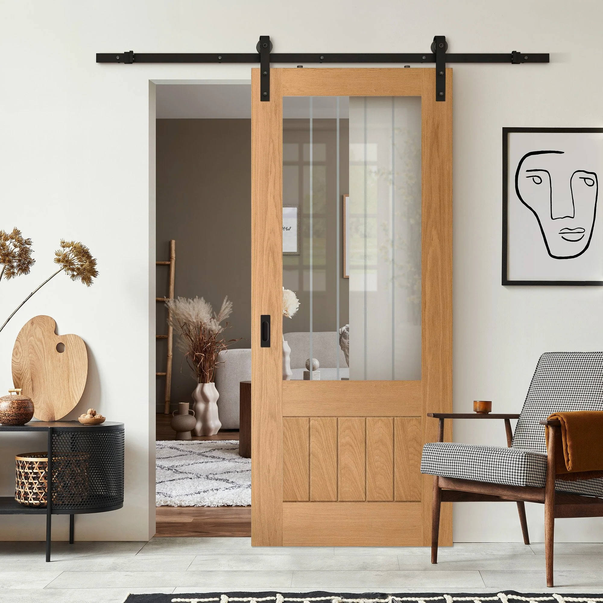Oak Internal Fully Finished Farley 1 Panel 1 Light Obscure Lined Clear Glass Sliding Door - Black Face Mounted