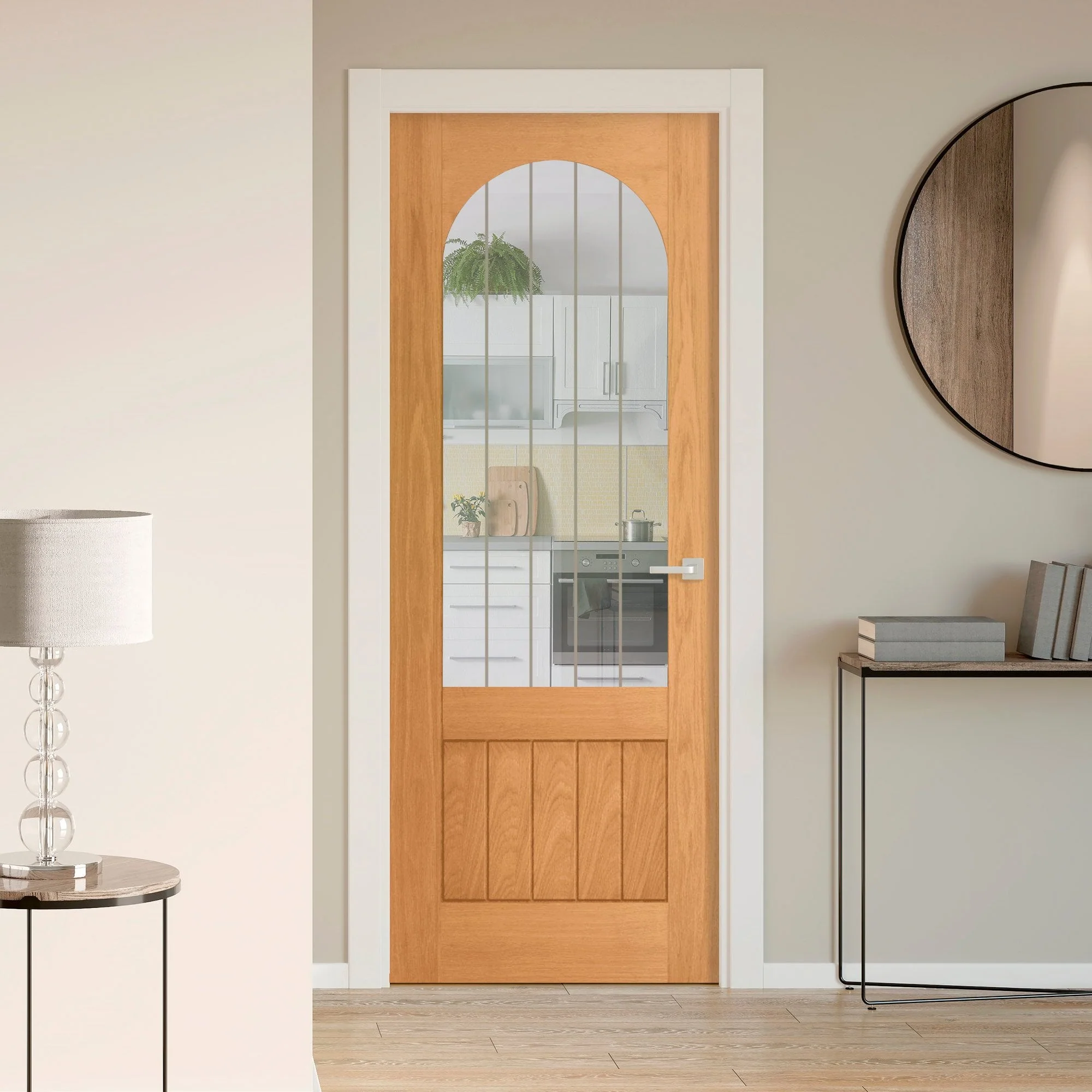 Oak Internal Fully Finished Farley Arched Square Top 1 Panel 1 Light Obscure Lined Clear Glass Door
