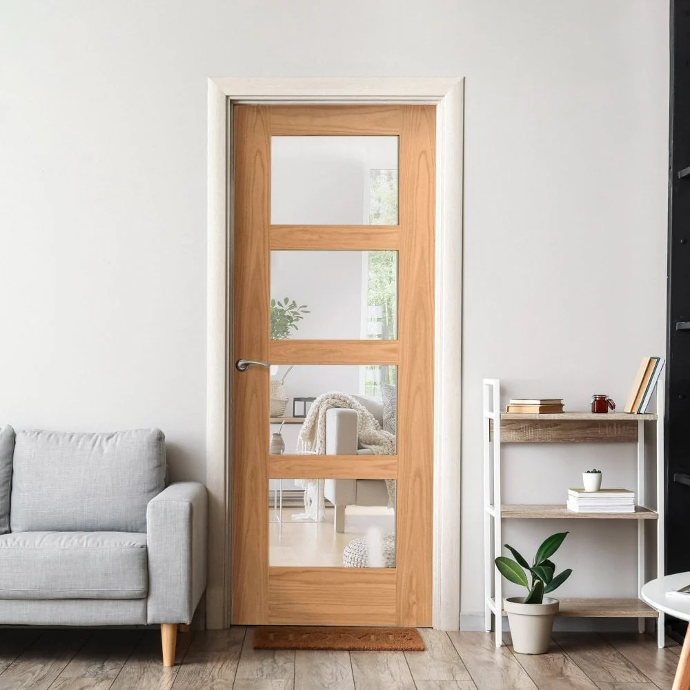 Oak Internal Fully Finished Shaker 4 Light Clear Glass FD30 Fire Door
